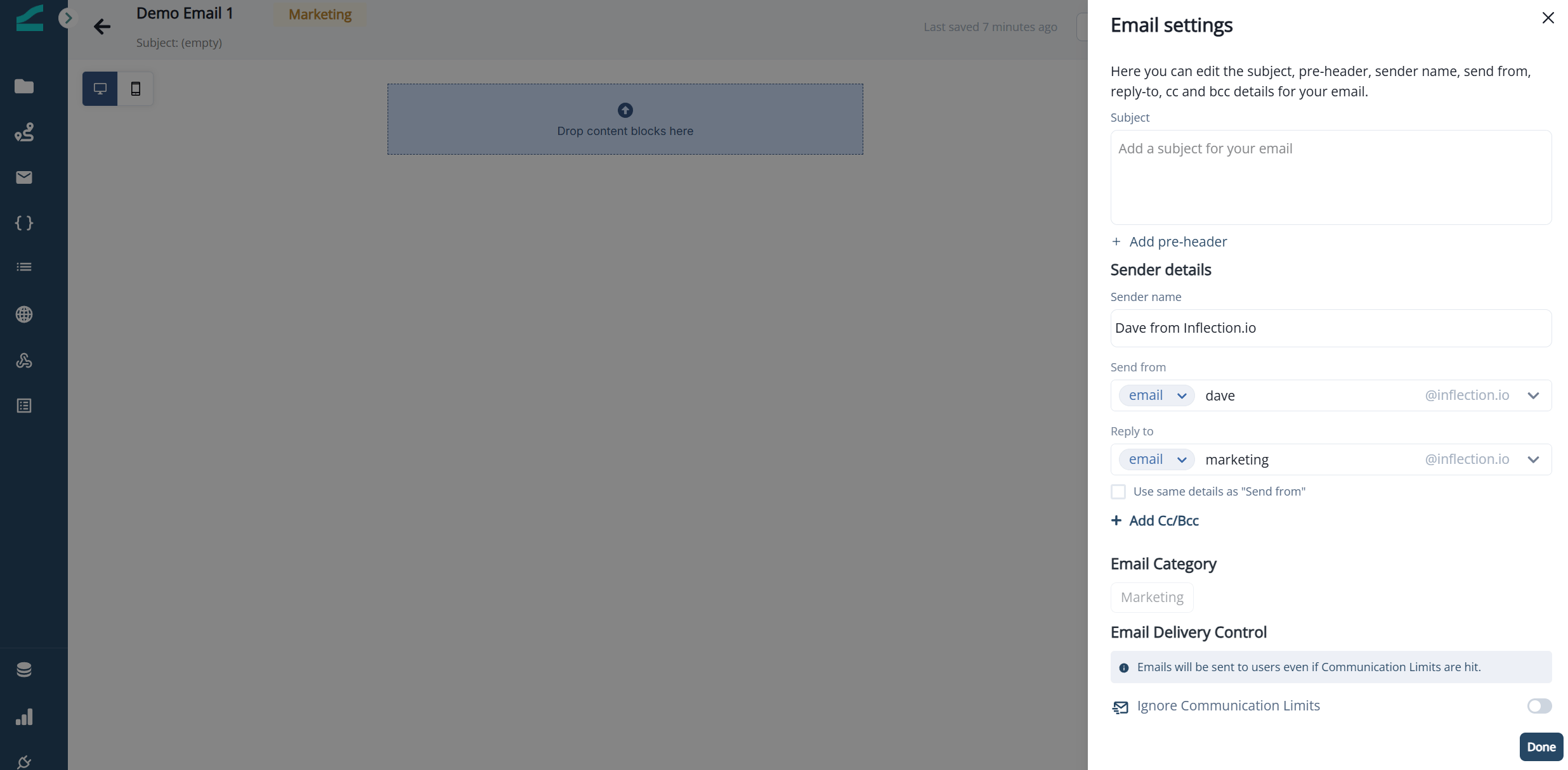 Email settings panel sliding out on the right