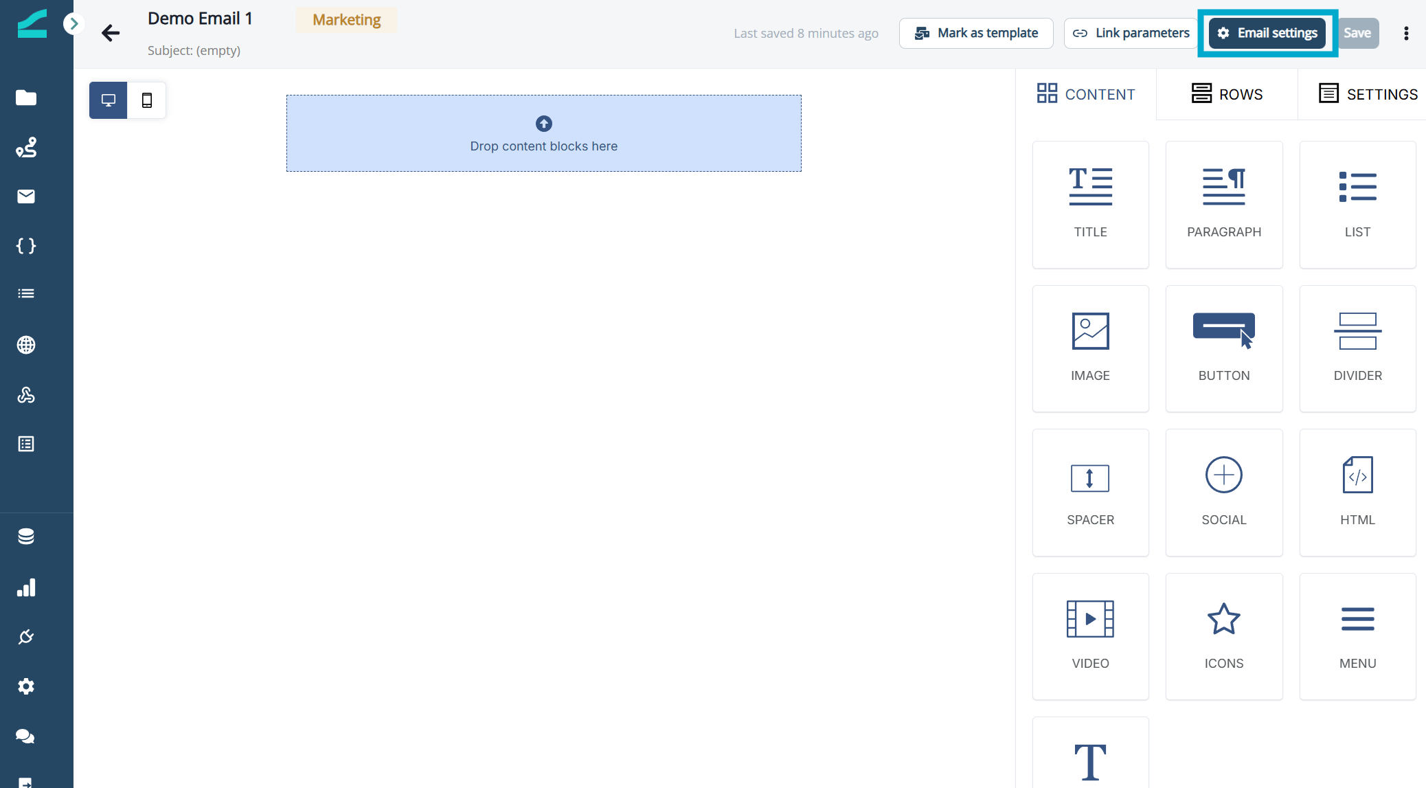 Email settings option in the top navigation of the email asset