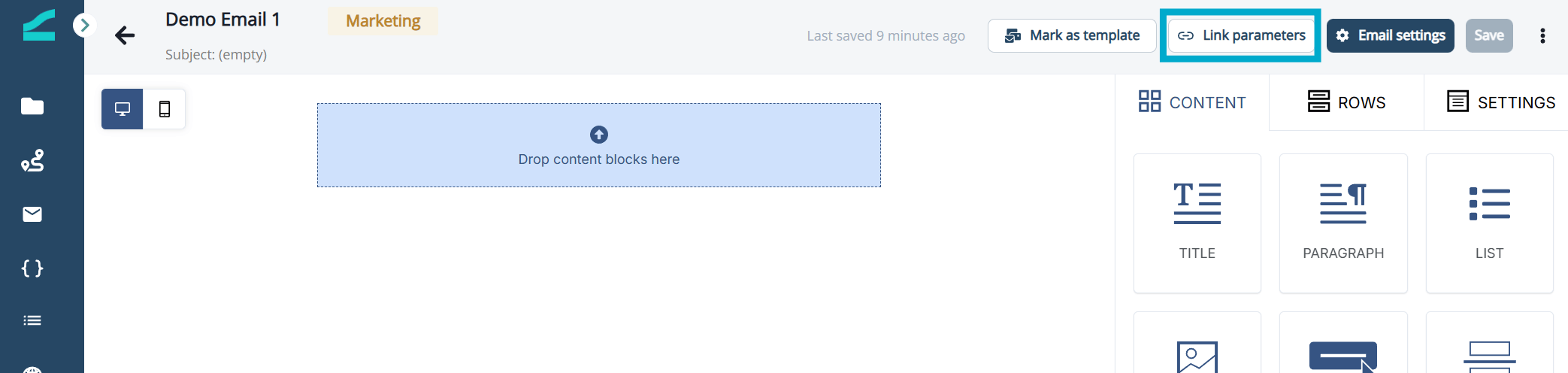 UTM parameters option in the top navigation of the email asset