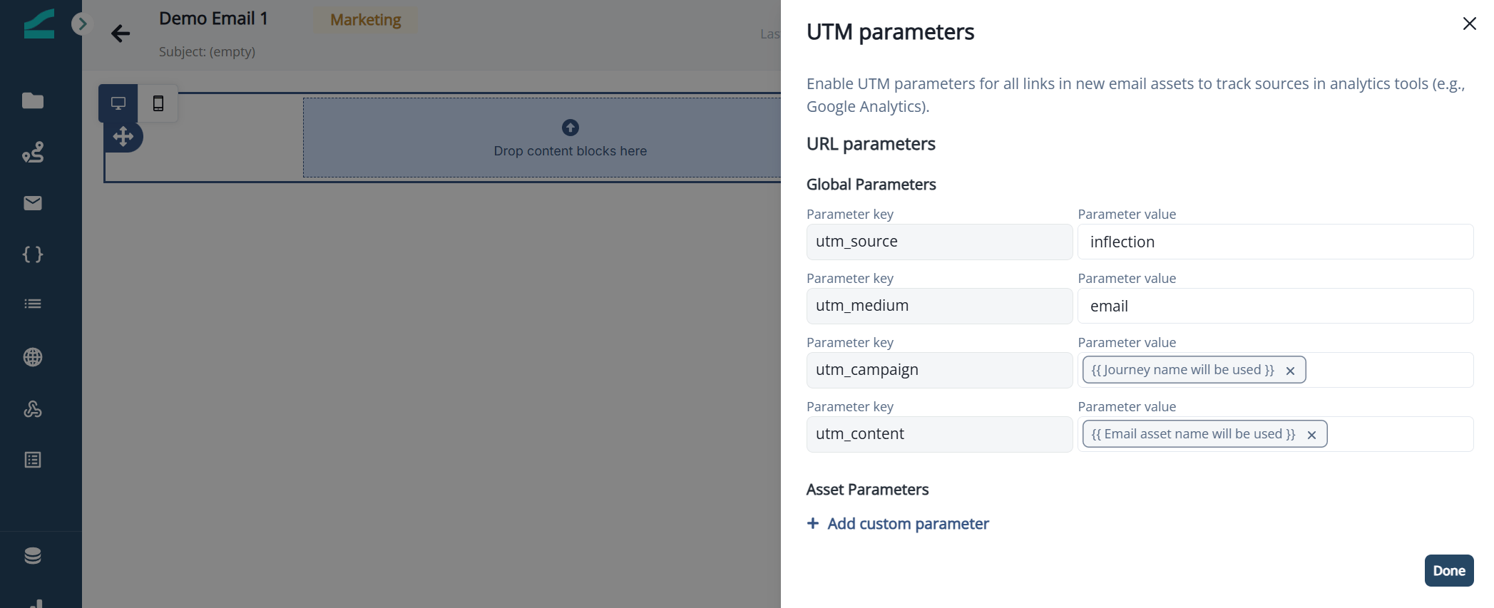 UTM parameters panel with global defaults and custom parameters