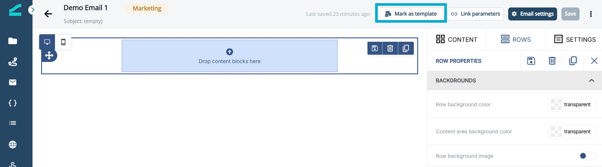 Mark as template option in the email asset menu