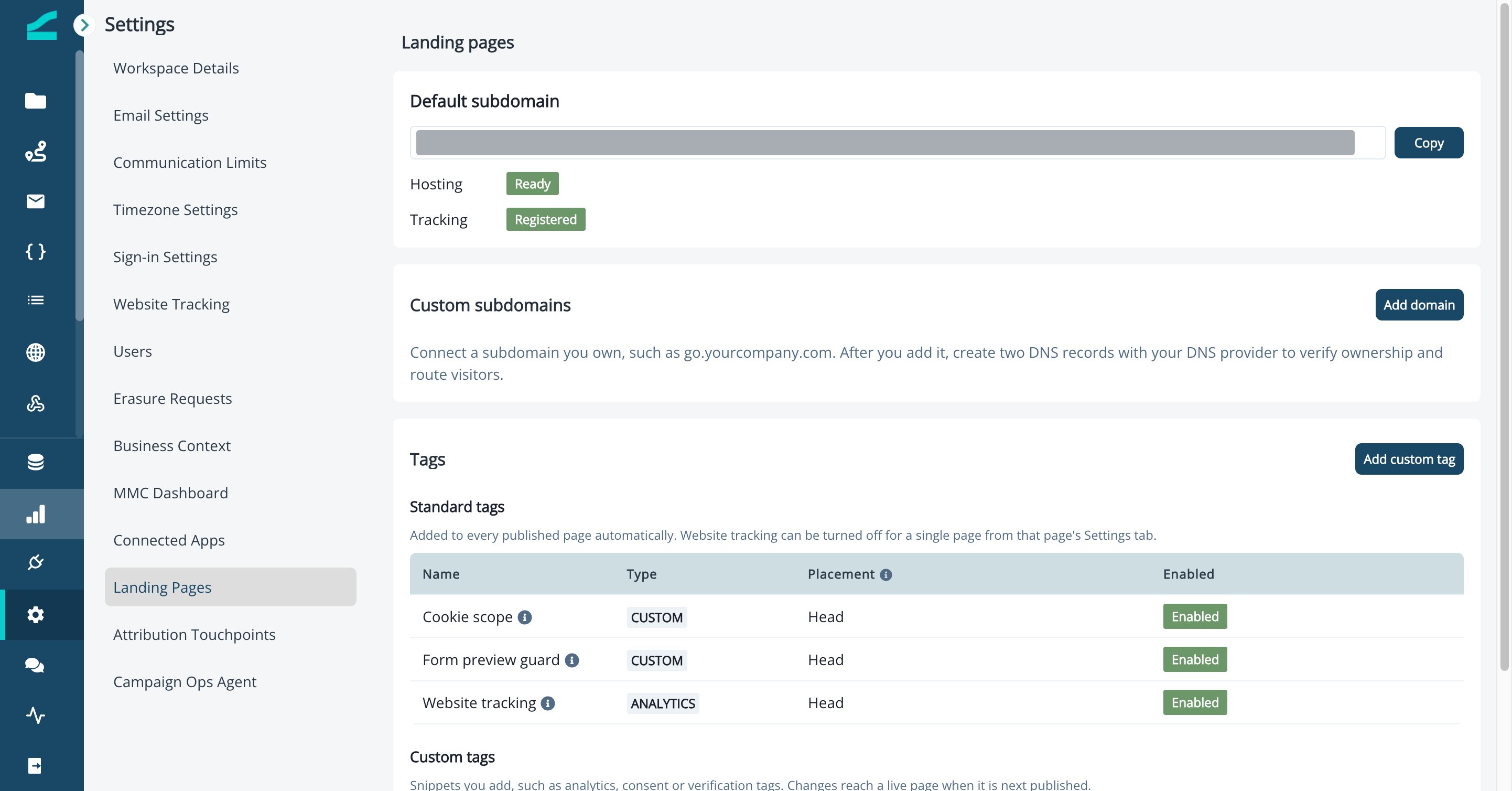 Default subdomain card in Landing Pages settings showing Hosting Ready and Tracking Registered