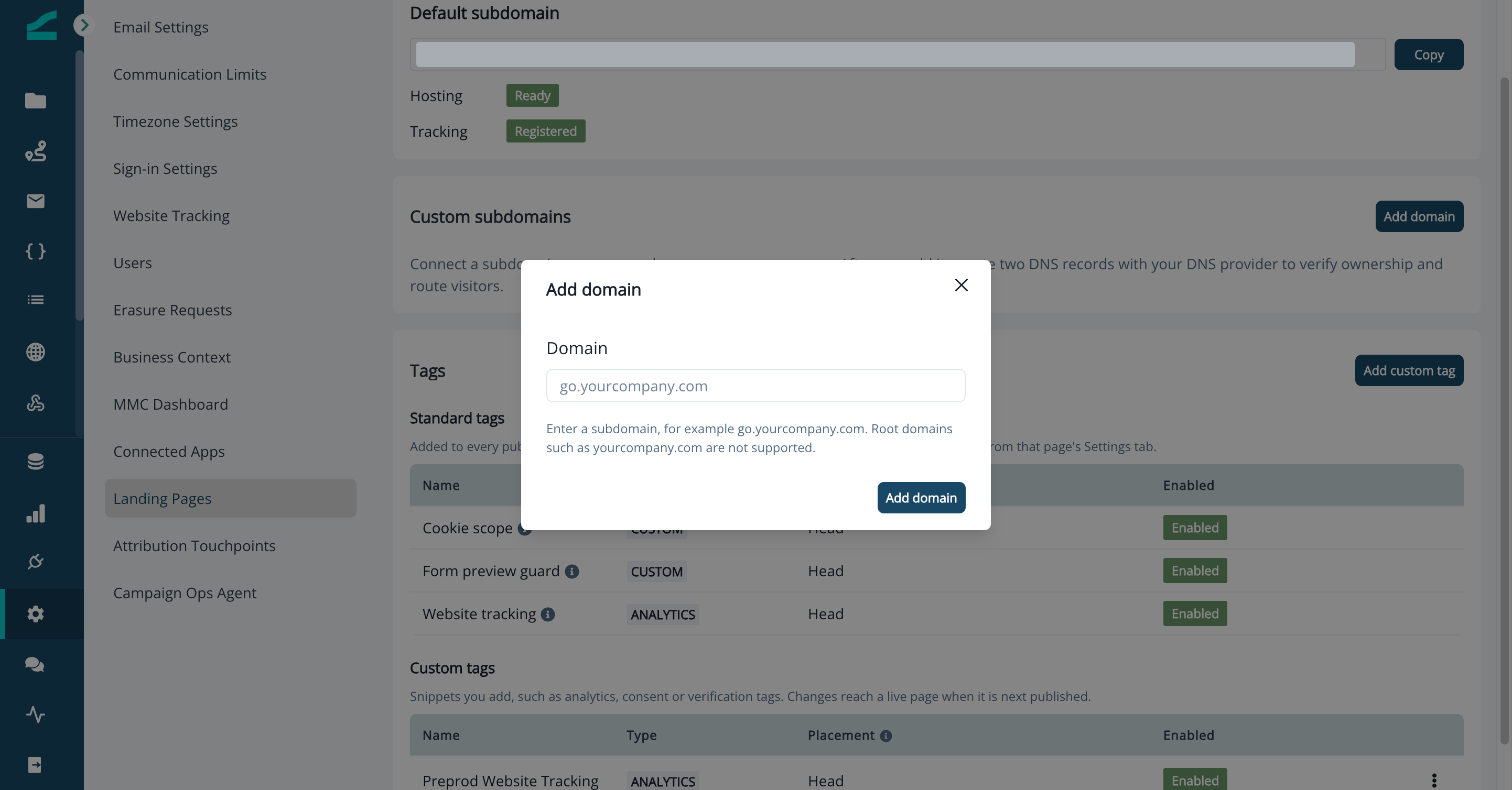 Add domain dialog with the Domain field