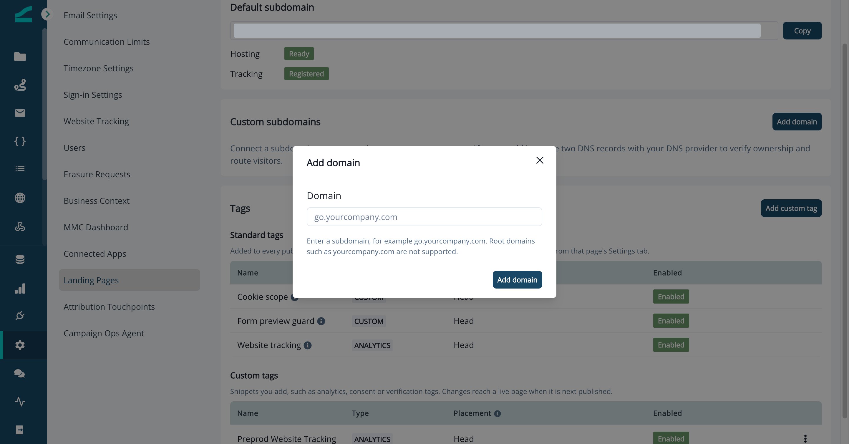 Add domain dialog with the Domain field