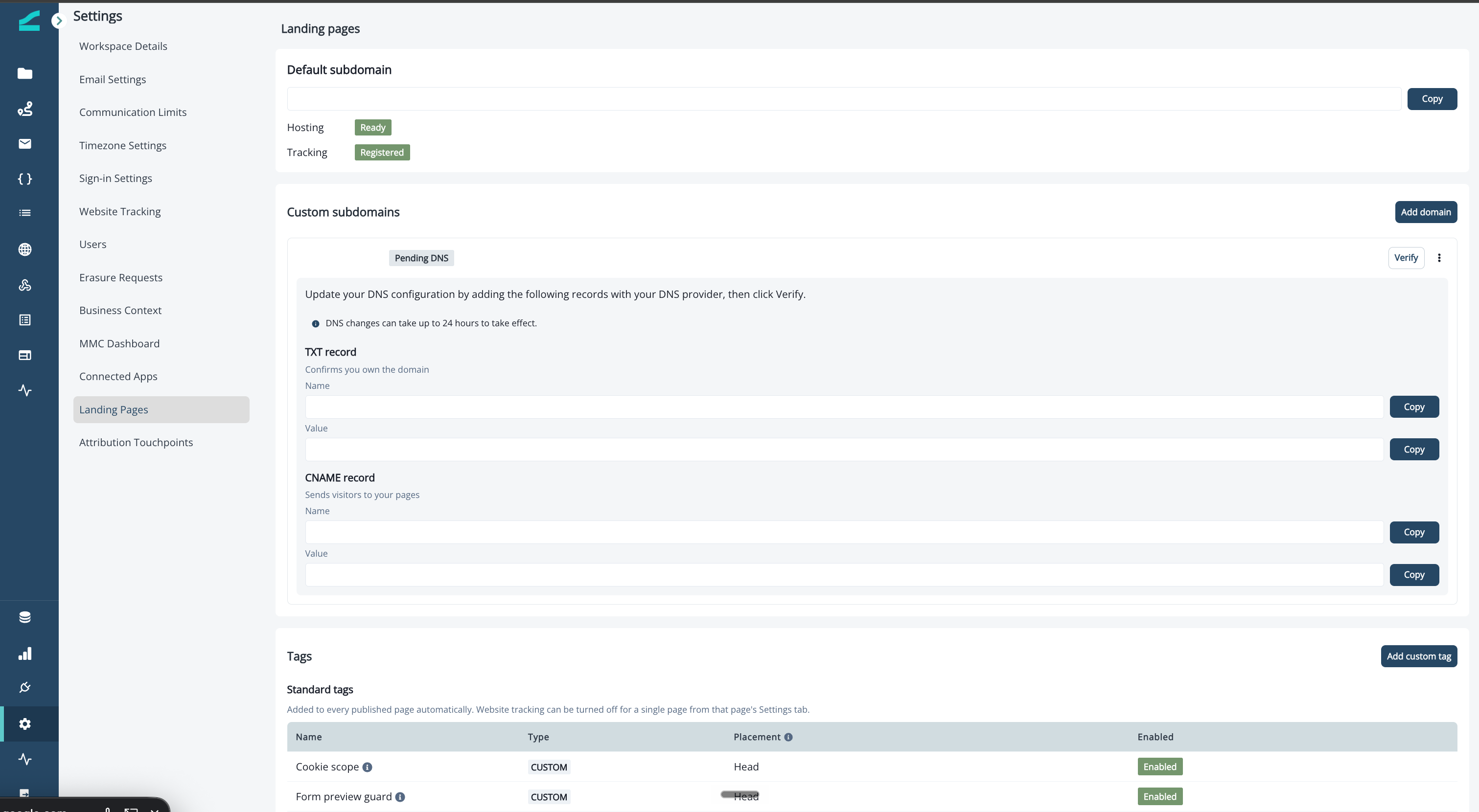 Custom subdomain in Pending DNS state showing the TXT and CNAME records to add