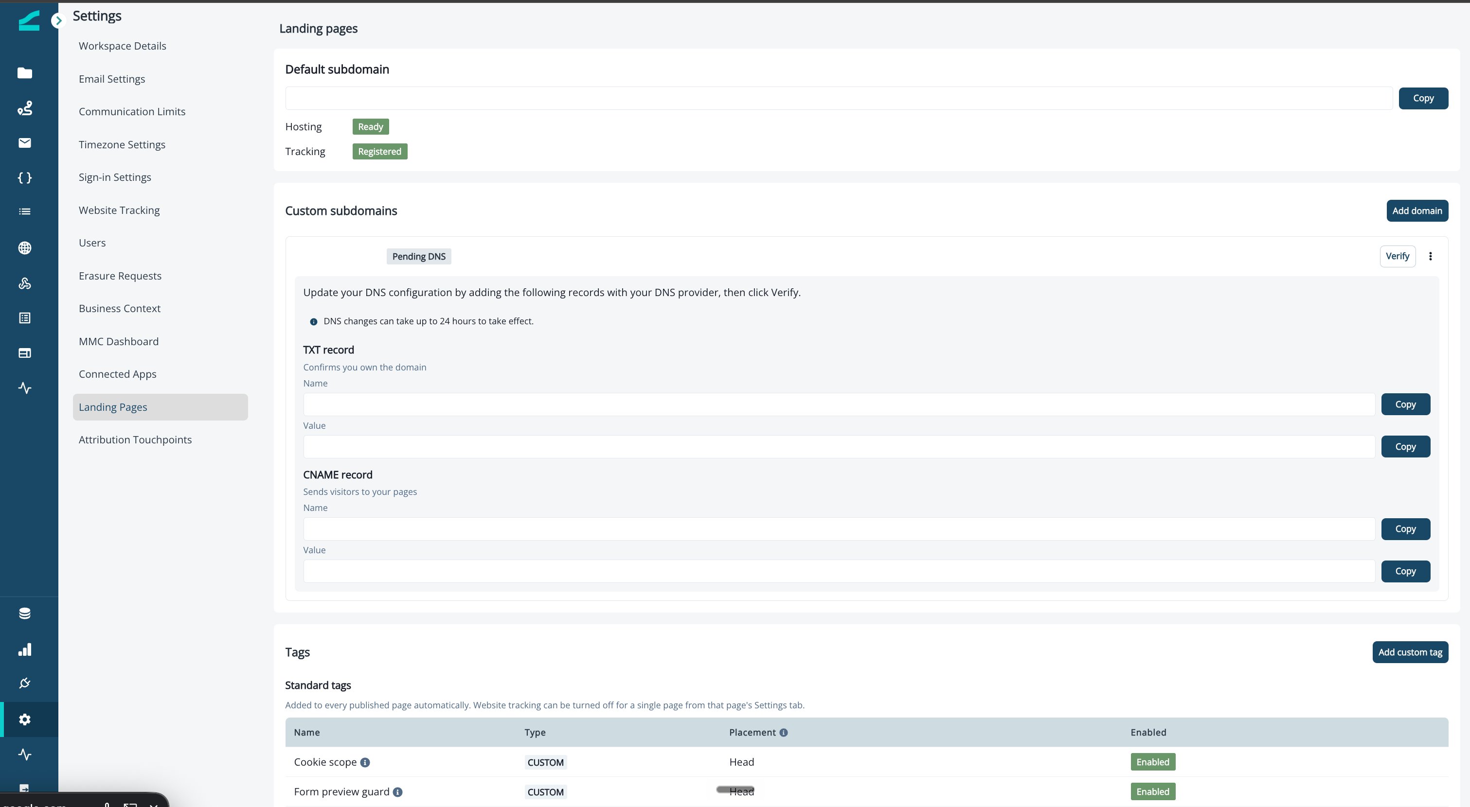 Custom subdomain in Pending DNS state showing the TXT and CNAME records to add