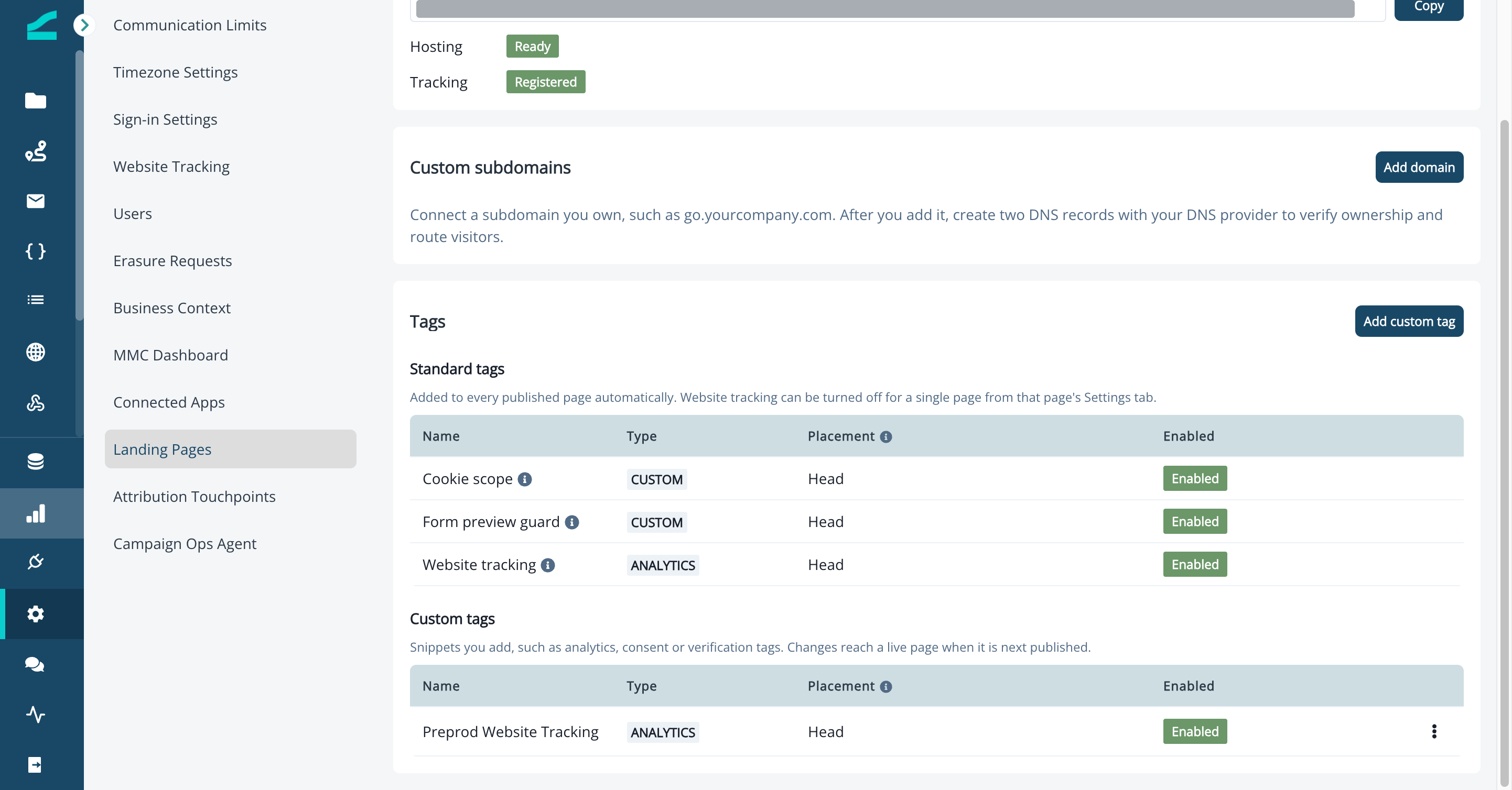 Tags section of Landing Pages settings listing standard and custom tags