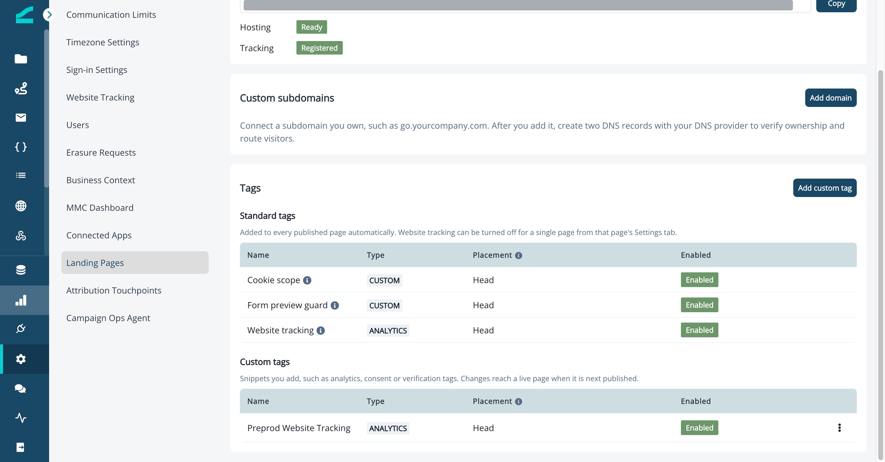 Tags section of Landing Pages settings listing standard and custom tags