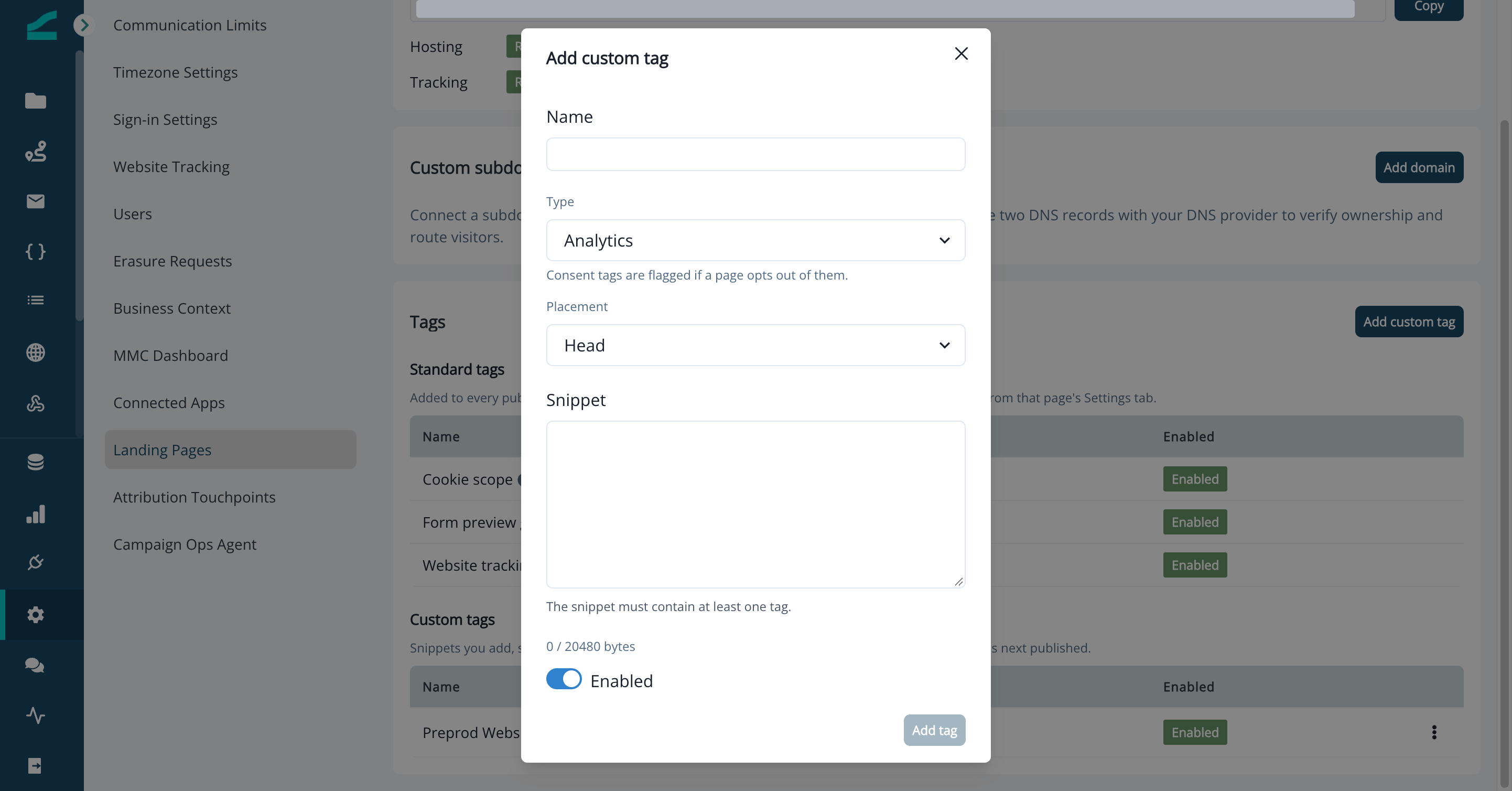 Add custom tag dialog with Name, Type, Placement and Snippet fields
