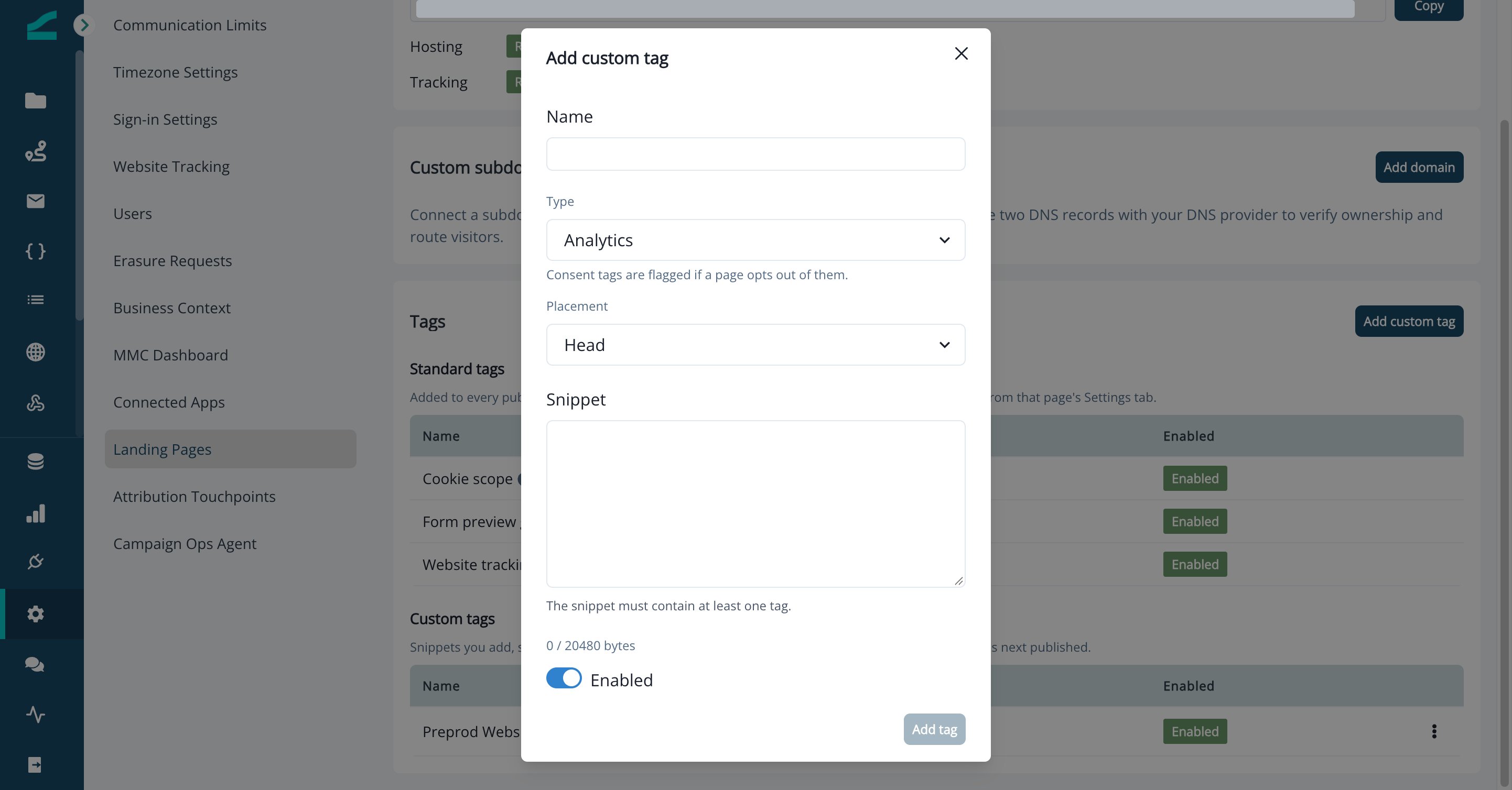 Add custom tag dialog with Name, Type, Placement and Snippet fields