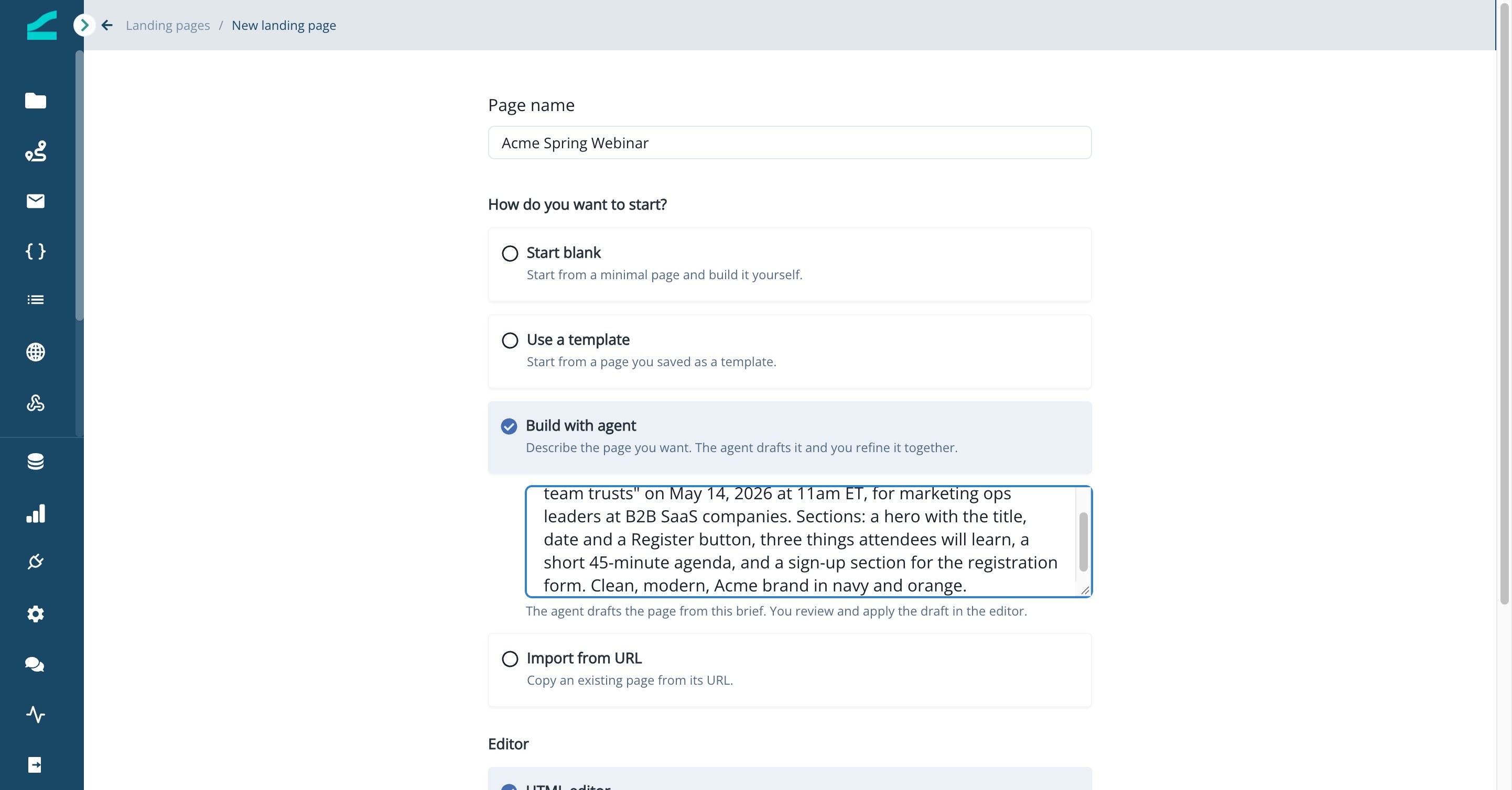 New landing page form with Build with agent selected and a page brief entered