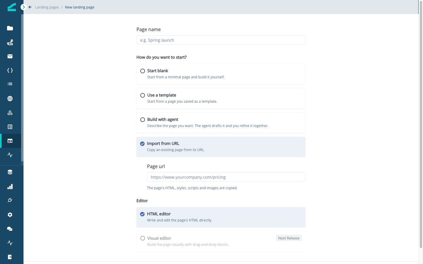 New landing page form with Import from URL selected and the Page url field
