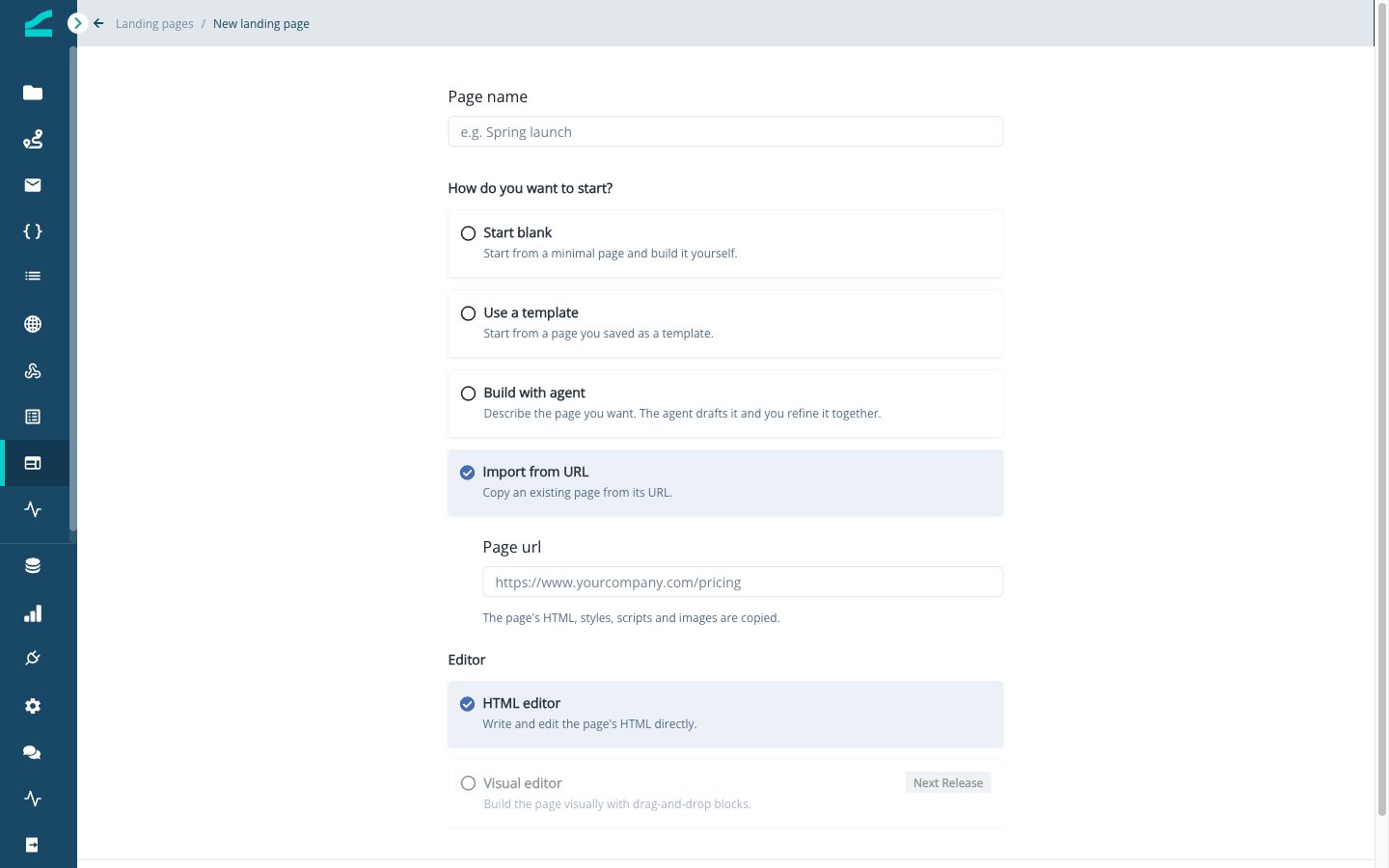New landing page form with Import from URL selected and the Page url field