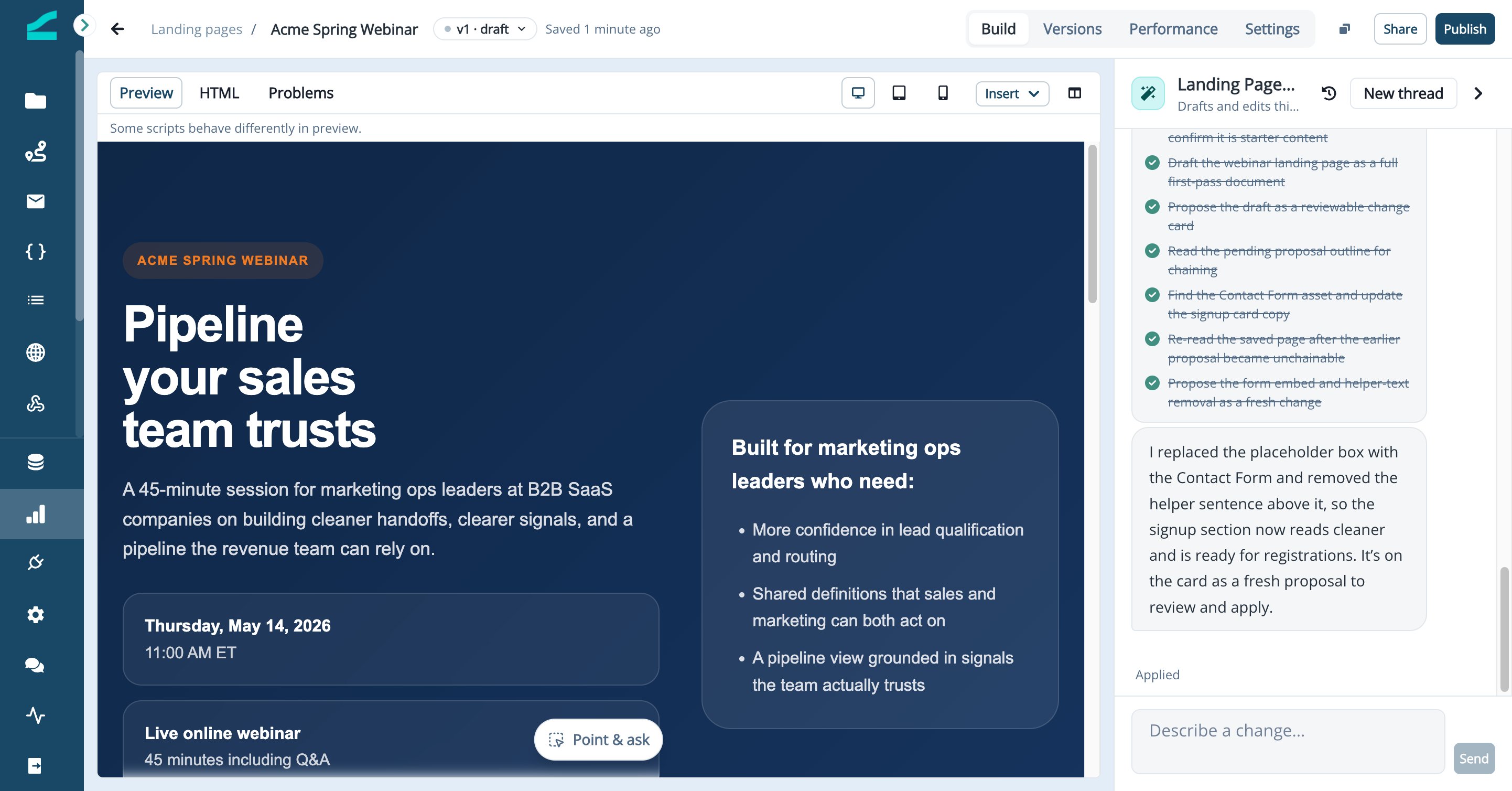 Build tab with the page preview on the left and the Landing Page Agent on the right