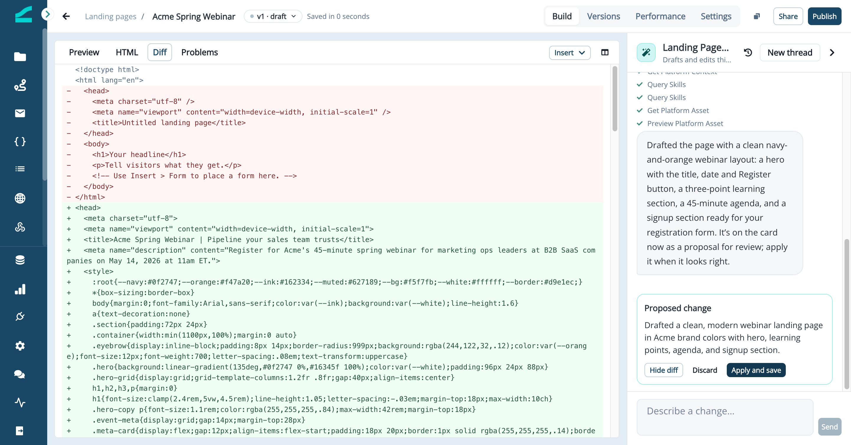 Proposed change card with the diff open in the editor