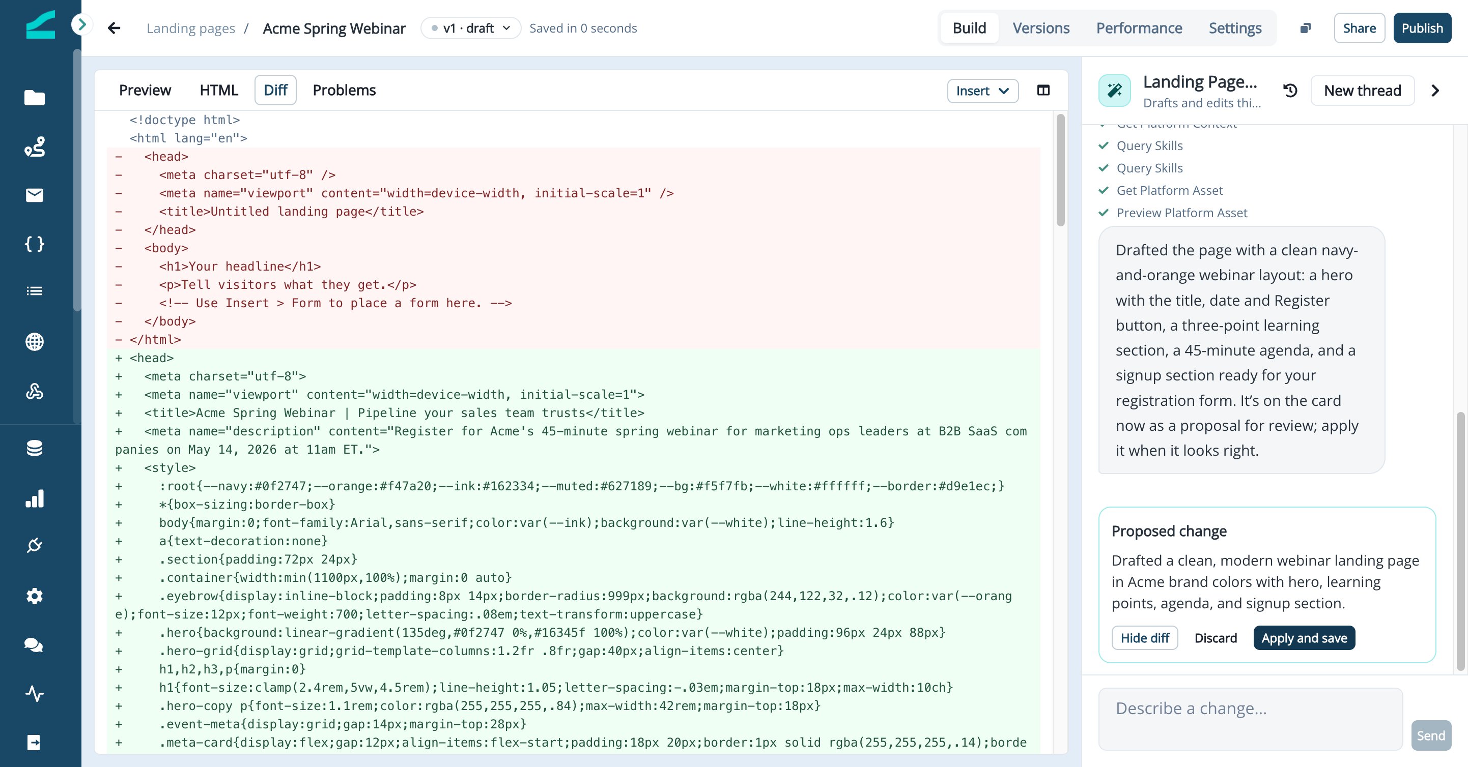 Proposed change card with the diff open in the editor