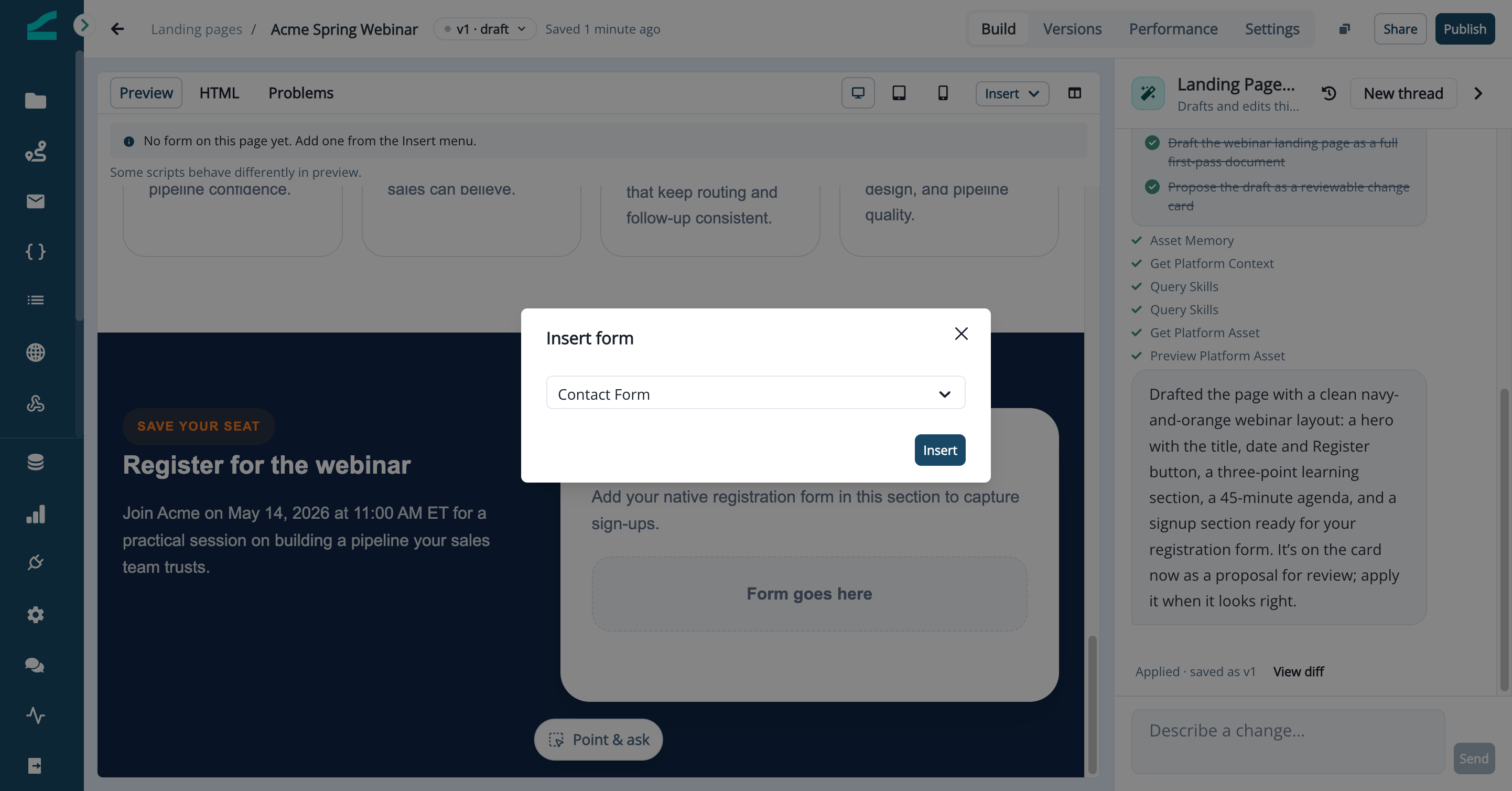 Insert form dialog with a form selected