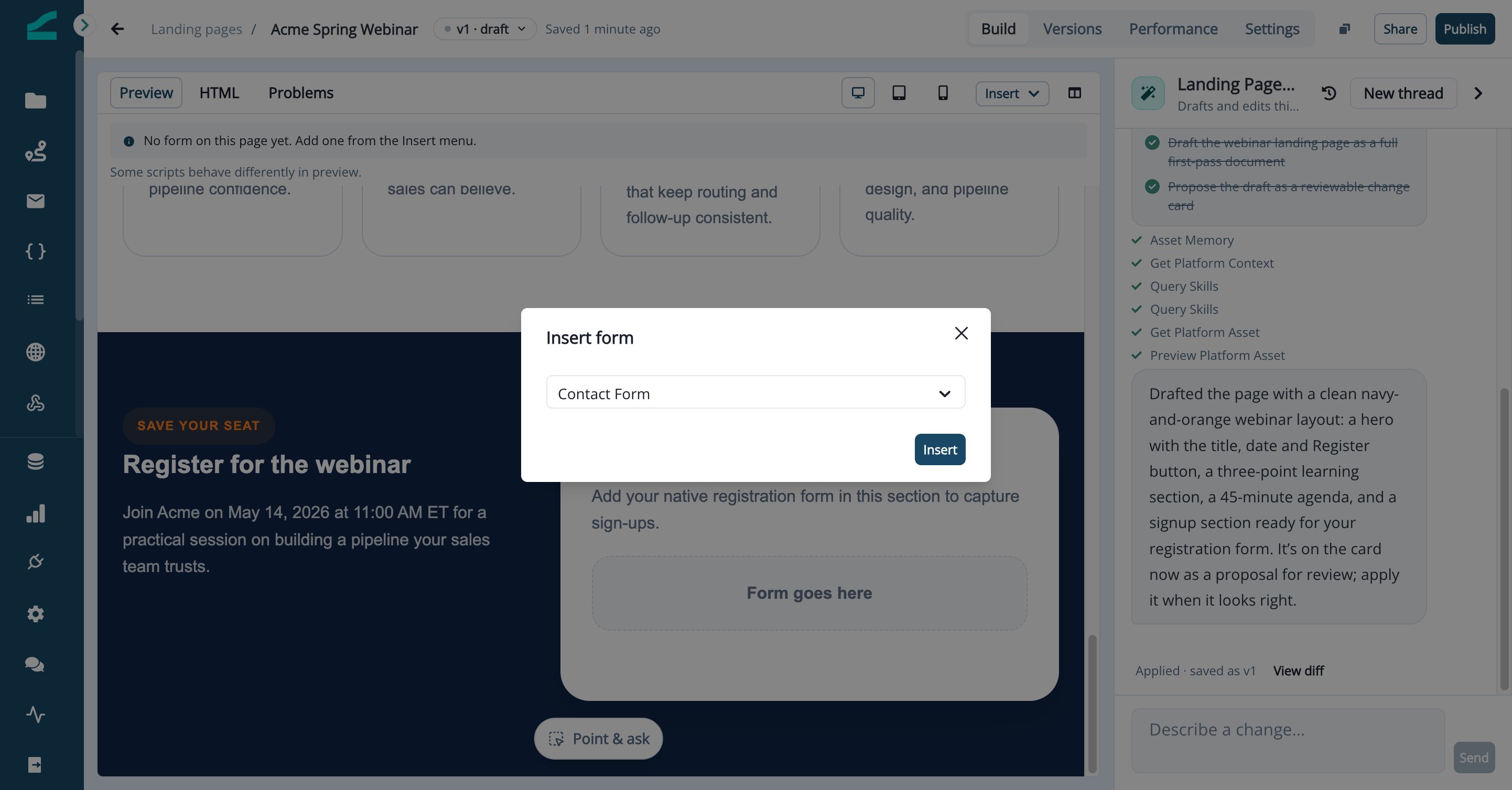 Insert form dialog with a form selected