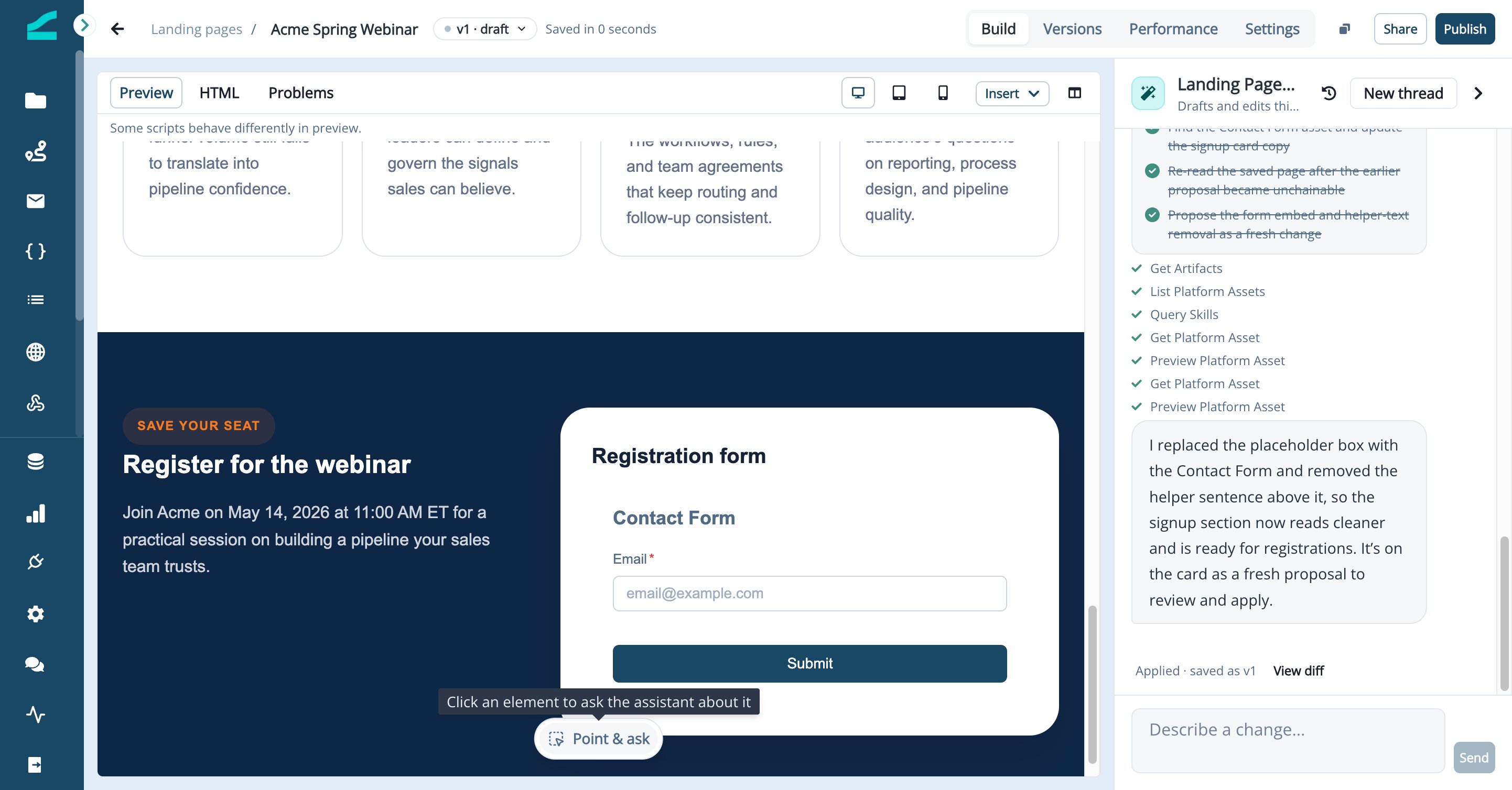 Form shown inside the page preview