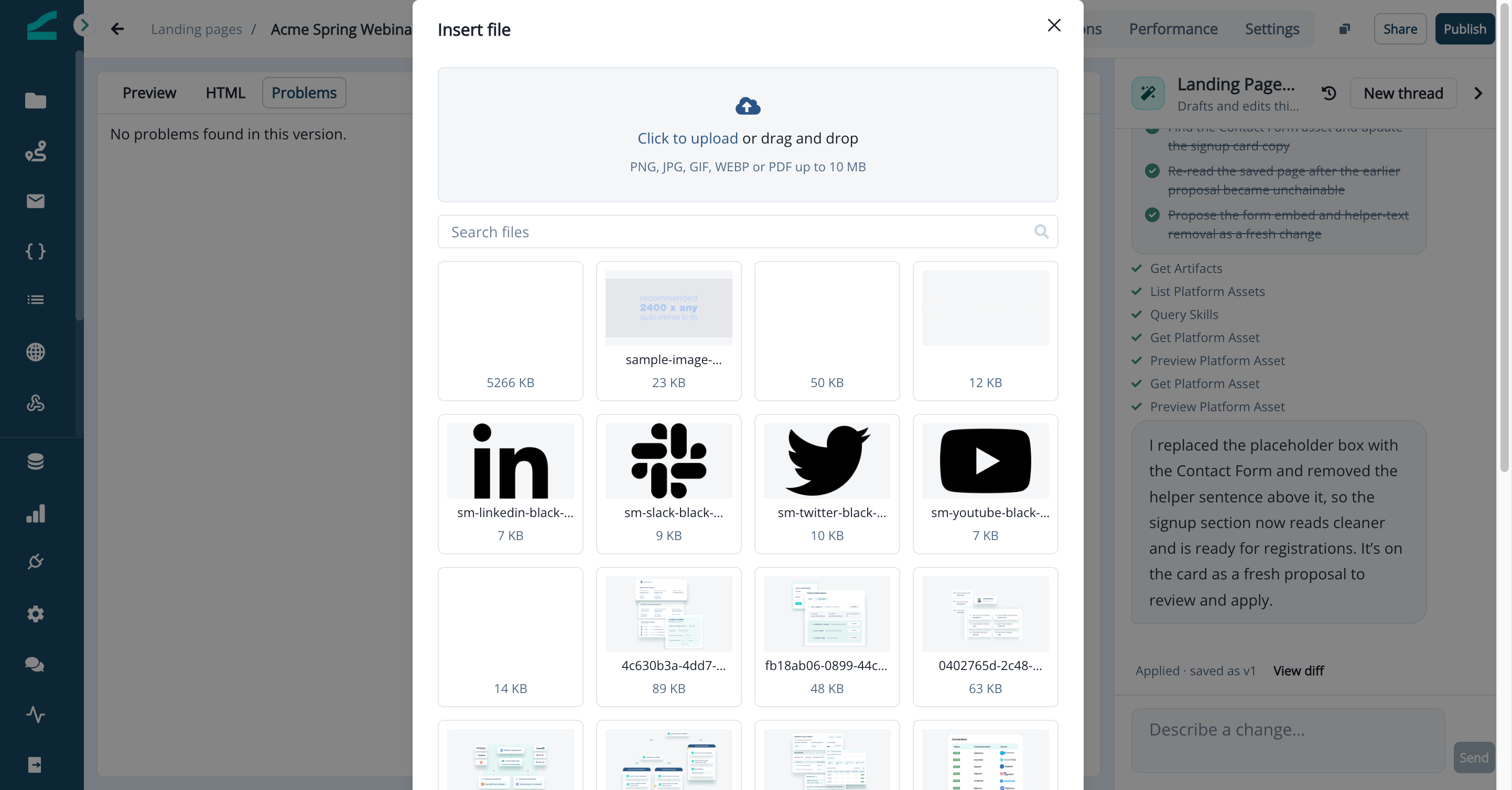 Insert file dialog with the upload area and the file library