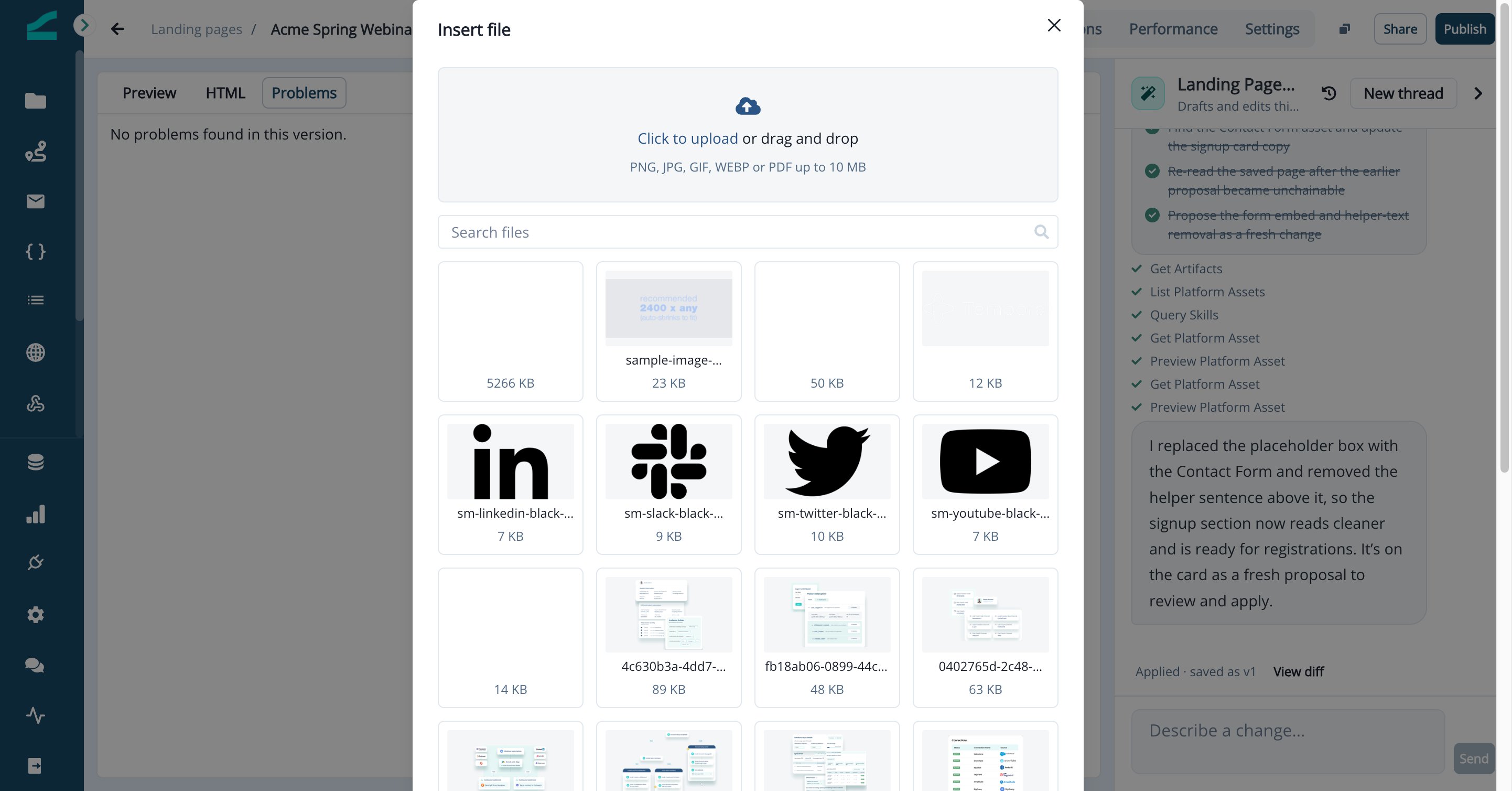Insert file dialog with the upload area and the file library