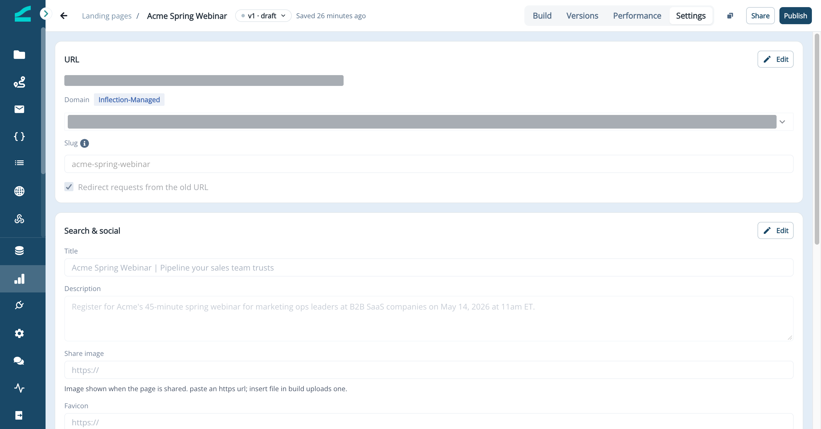 URL card in page Settings with Domain and Slug