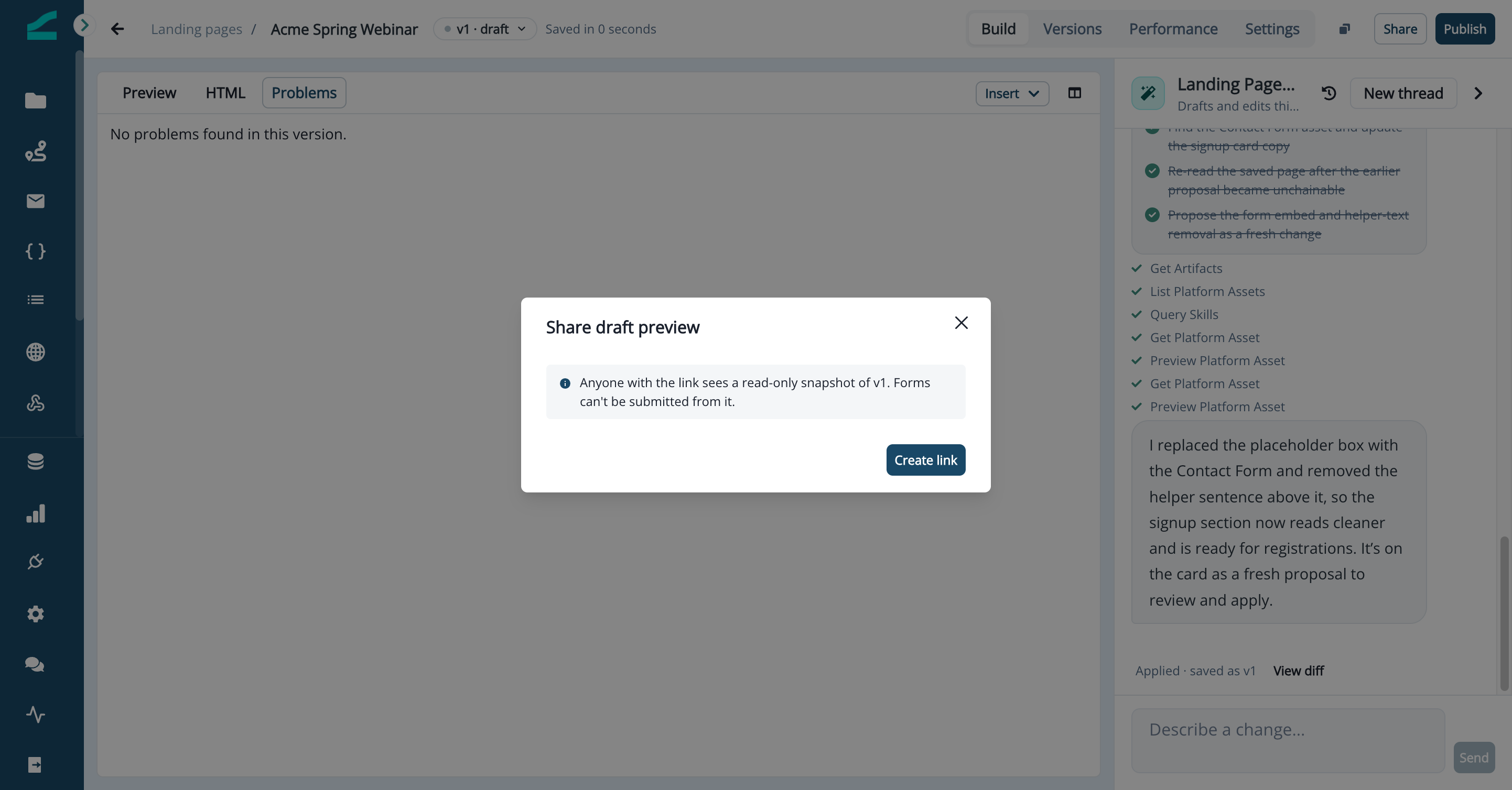 Share draft preview dialog with the Create link button