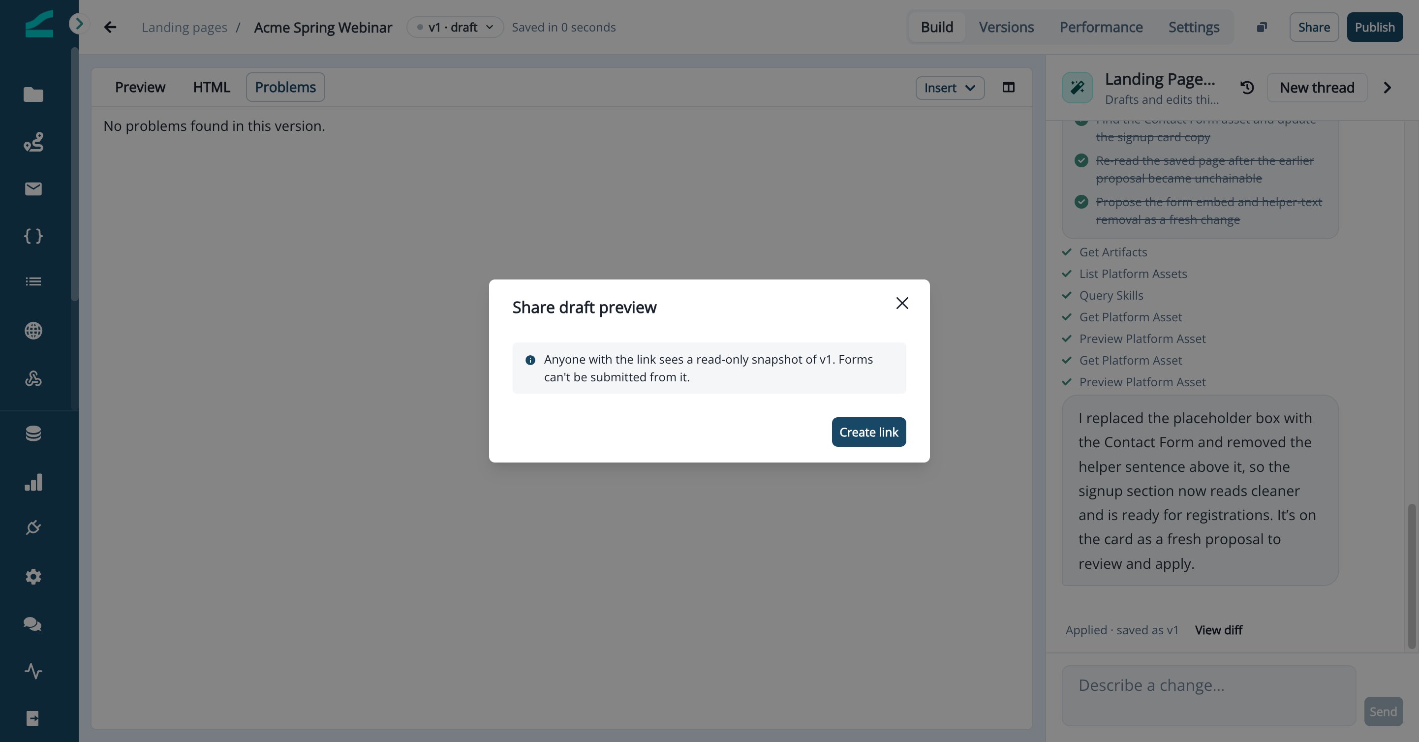 Share draft preview dialog with the Create link button