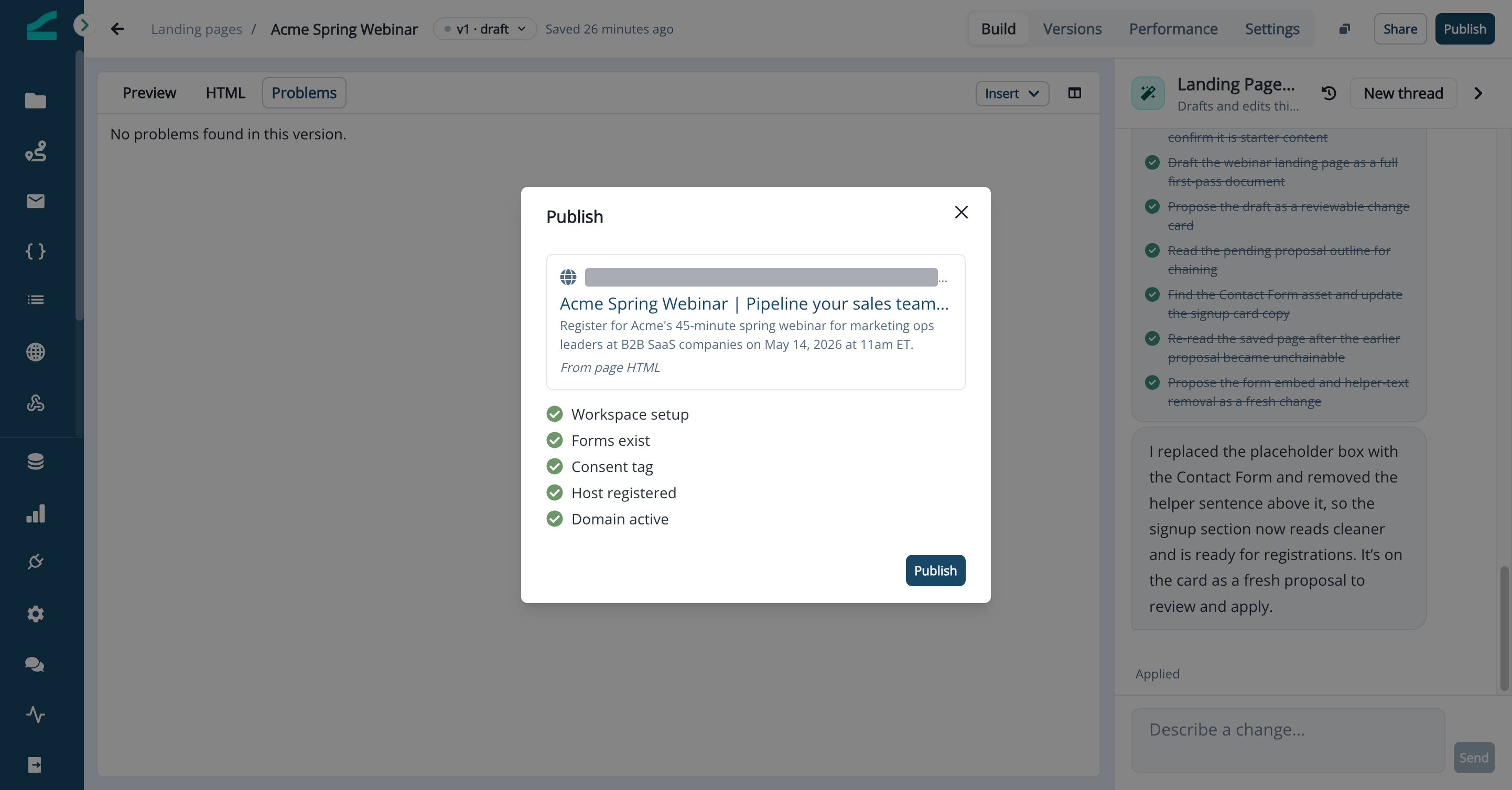 Publish dialog with the search preview and pre-publish checks