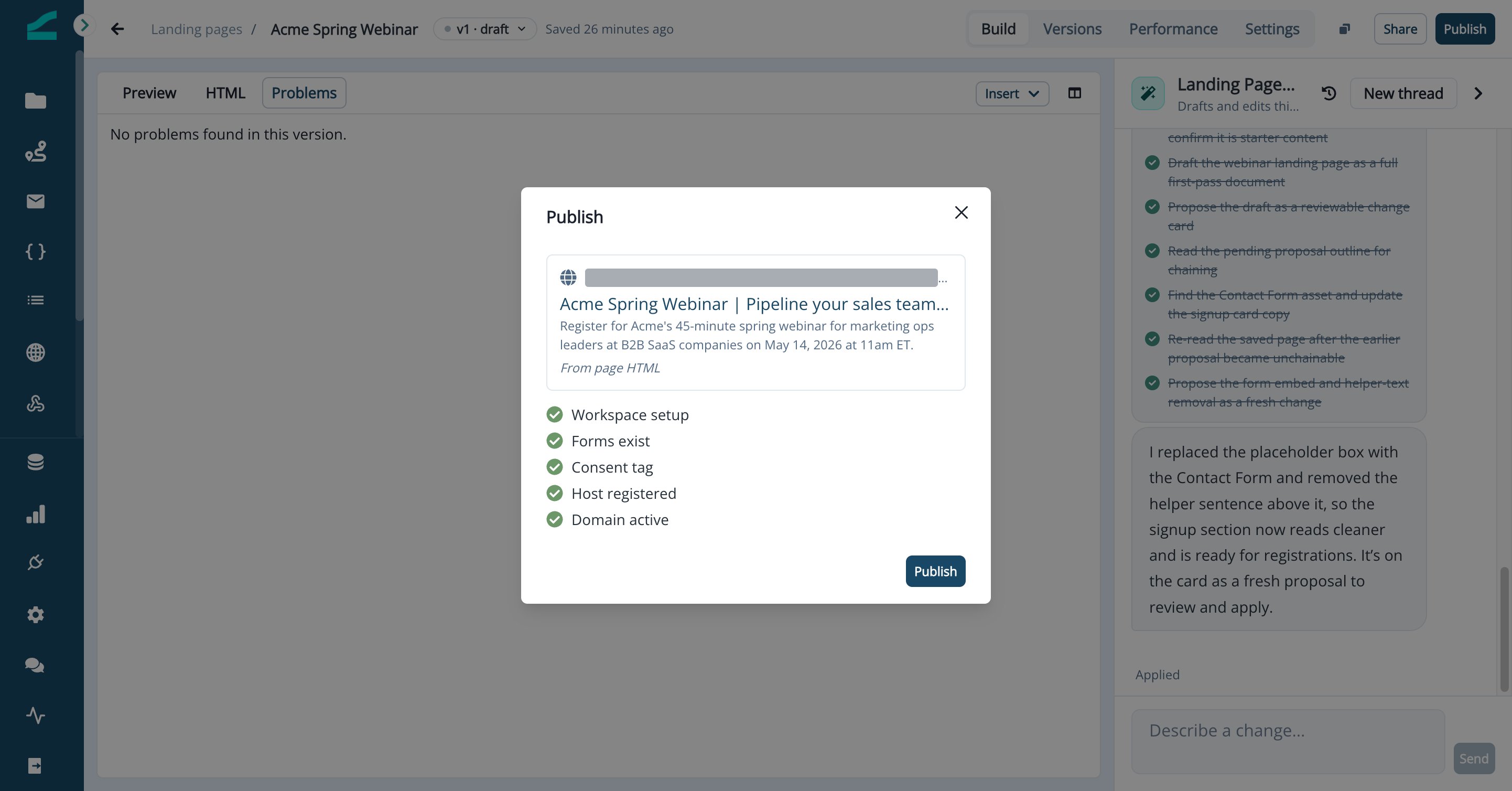 Publish dialog with the search preview and pre-publish checks