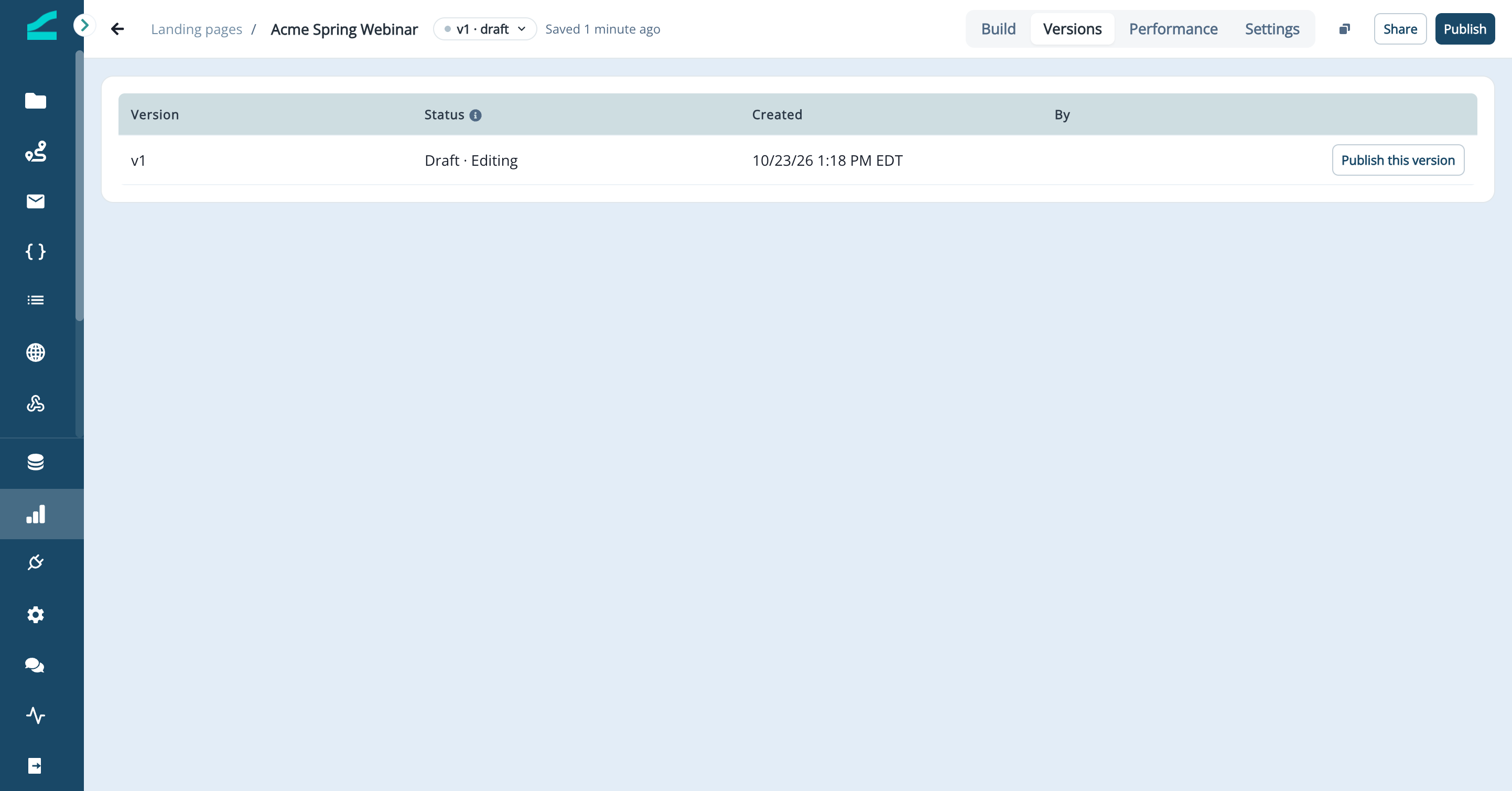 Versions tab listing each version with its status