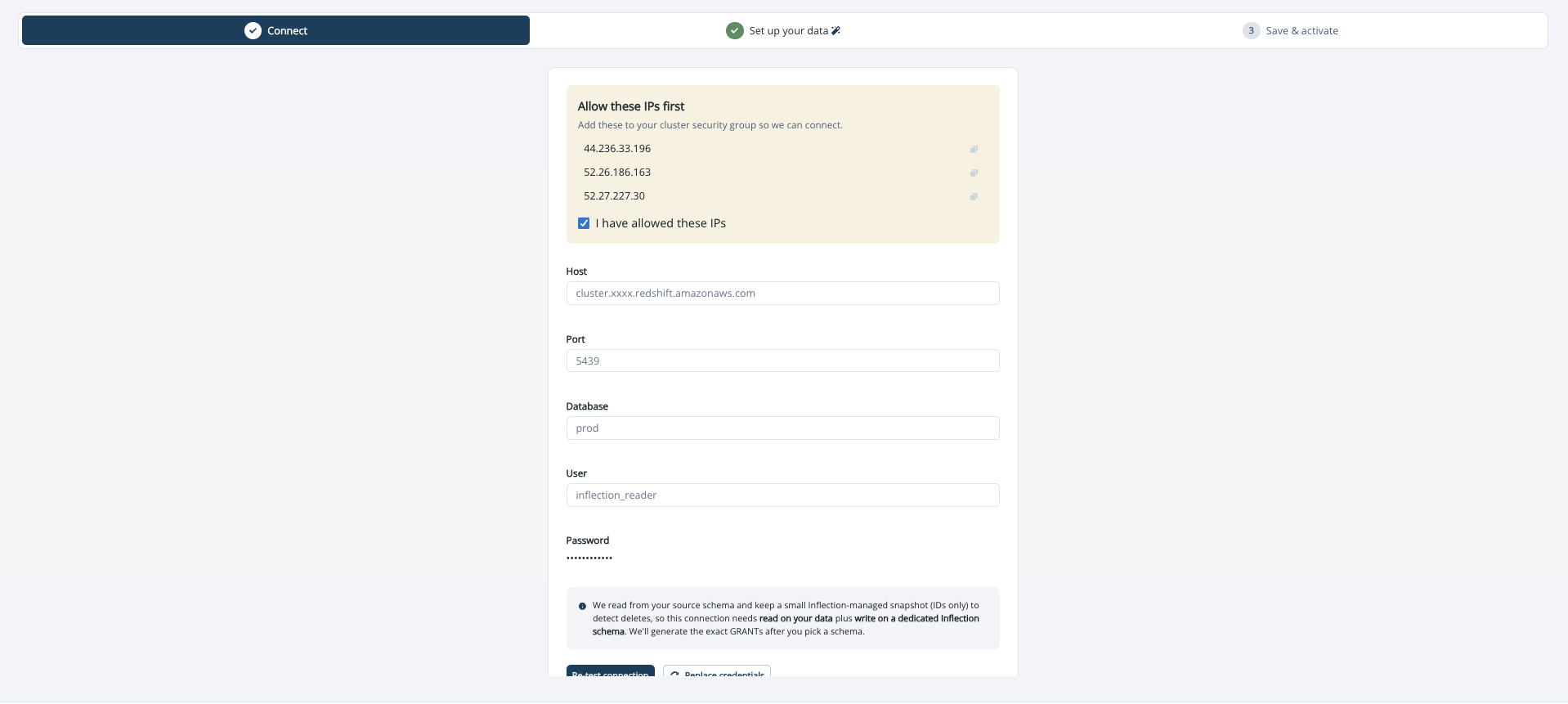 Connect step for Amazon Redshift with the Allow these IPs first list and the I have allowed these IPs checkbox