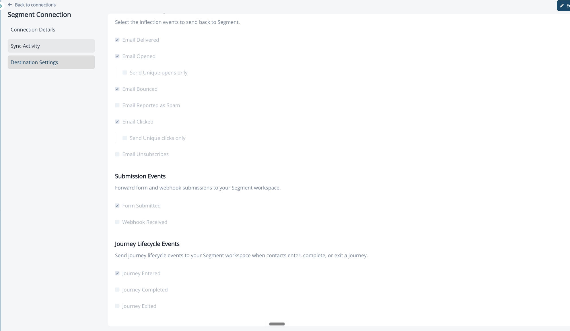 Destination Settings tab with Email, Submission, and Journey Lifecycle event sections