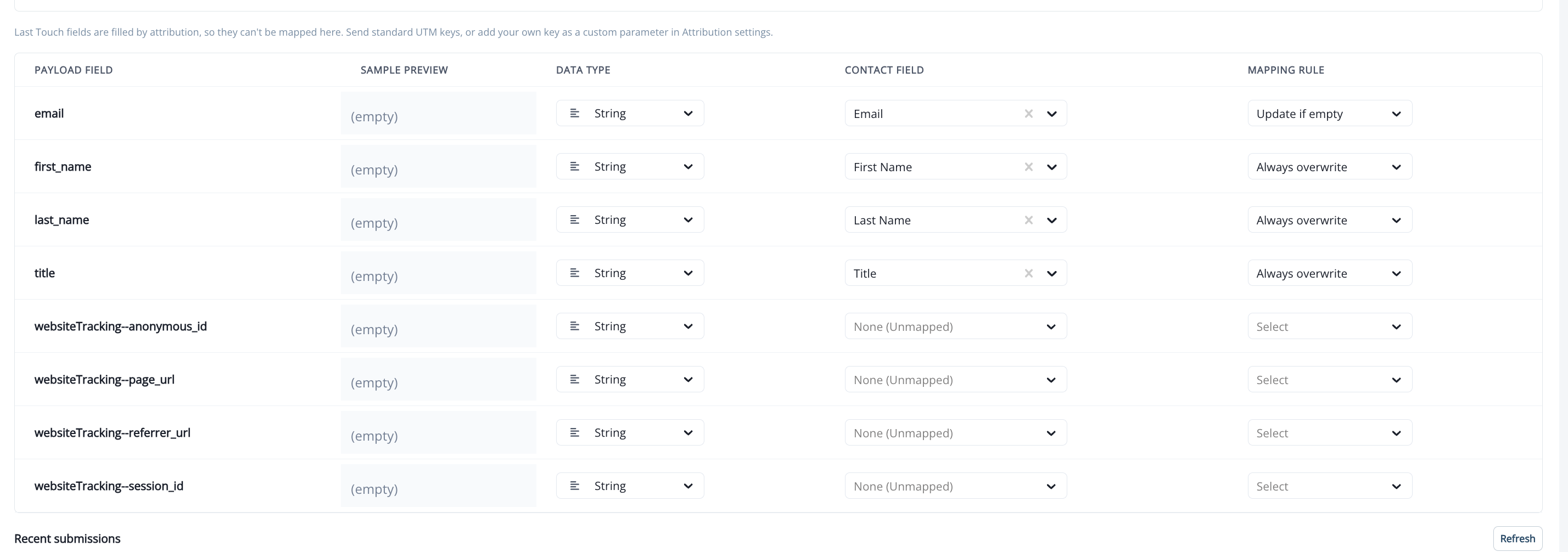 The field-mapping table with the four websiteTracking fields left unmapped