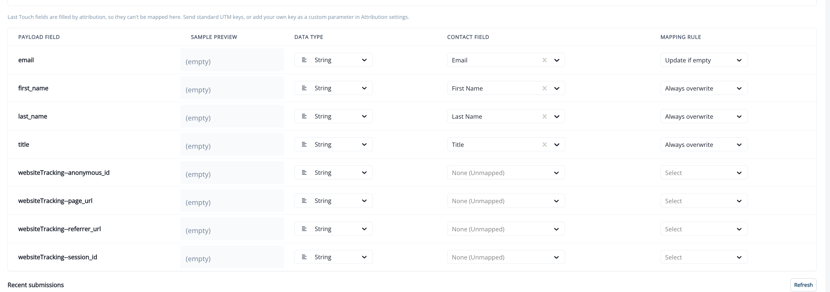 The field-mapping table with the four websiteTracking fields left unmapped