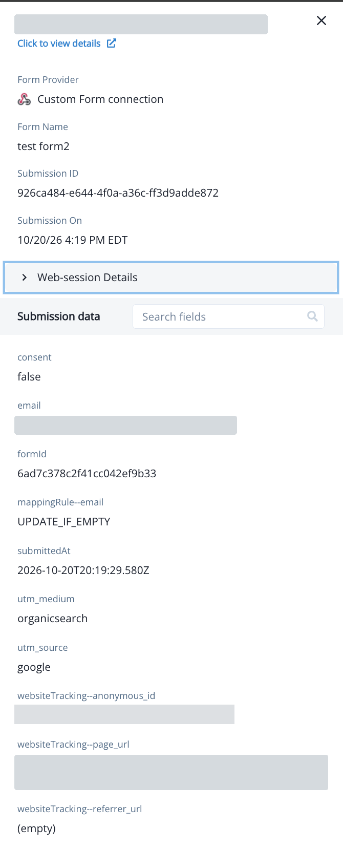 A custom form submission showing the websiteTracking values under Submission data