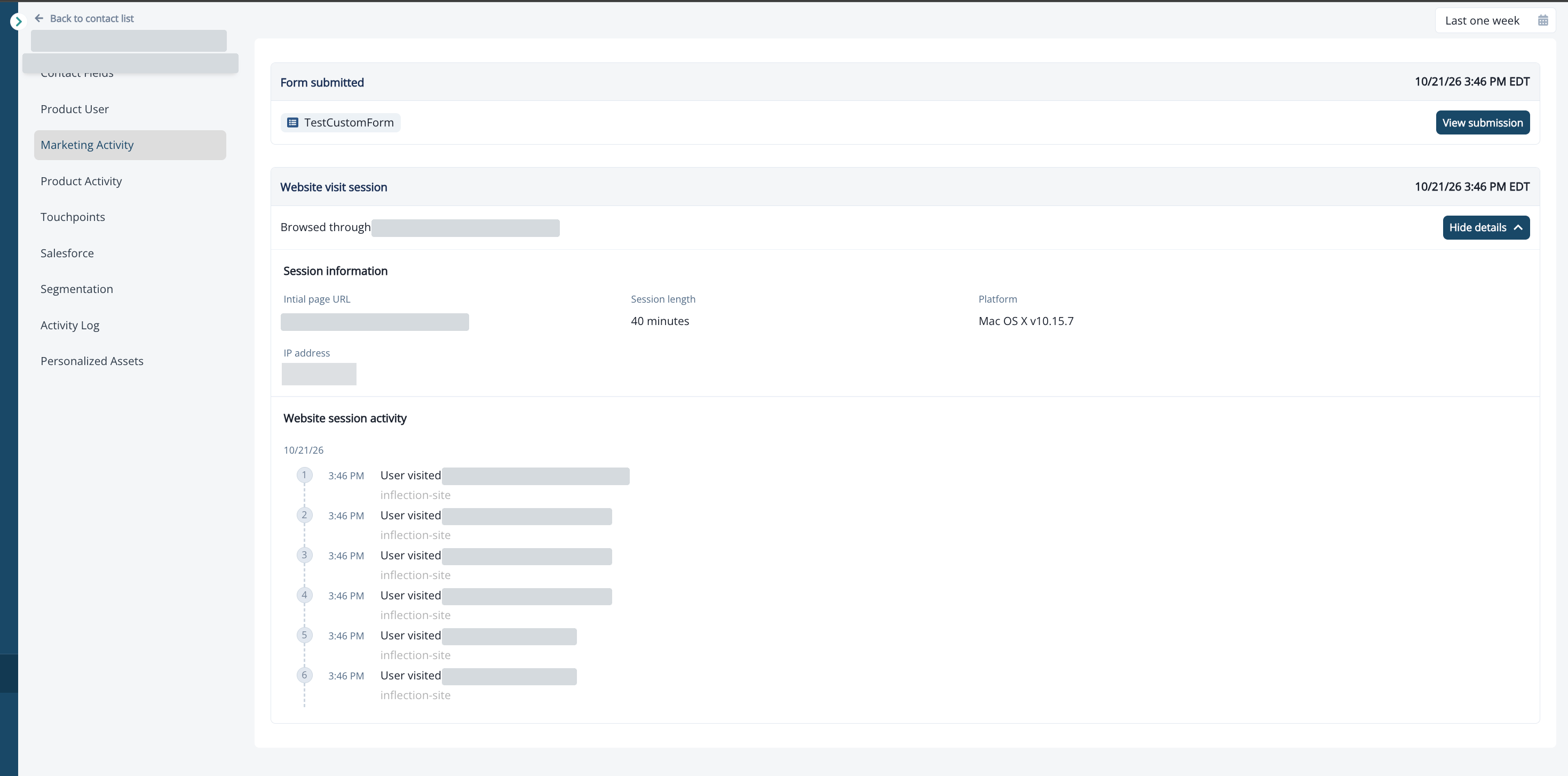 A contact's Marketing Activity showing the Form submitted entry and the linked Website visit session