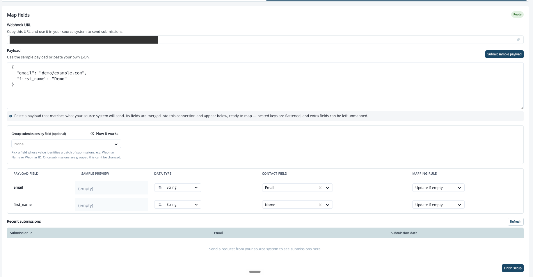 The Map fields step showing the Webhook URL, sample payload, grouping control, and field-mapping table