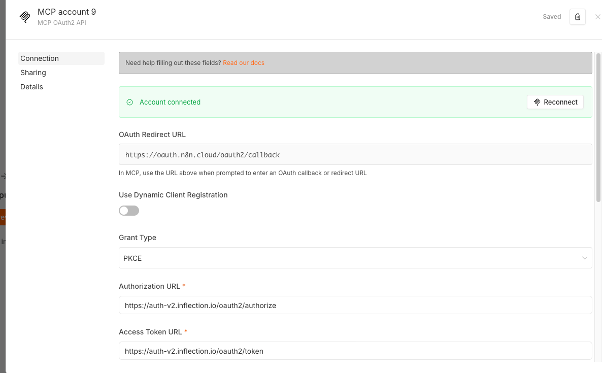 Connect button to authorize the n8n OAuth2 credential