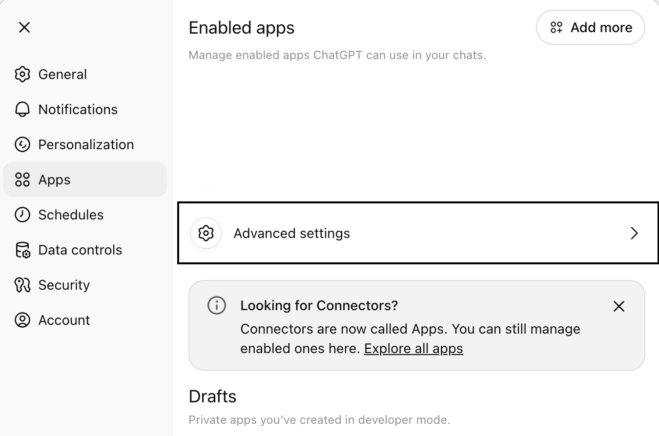 Advanced settings link in ChatGPT Apps settings