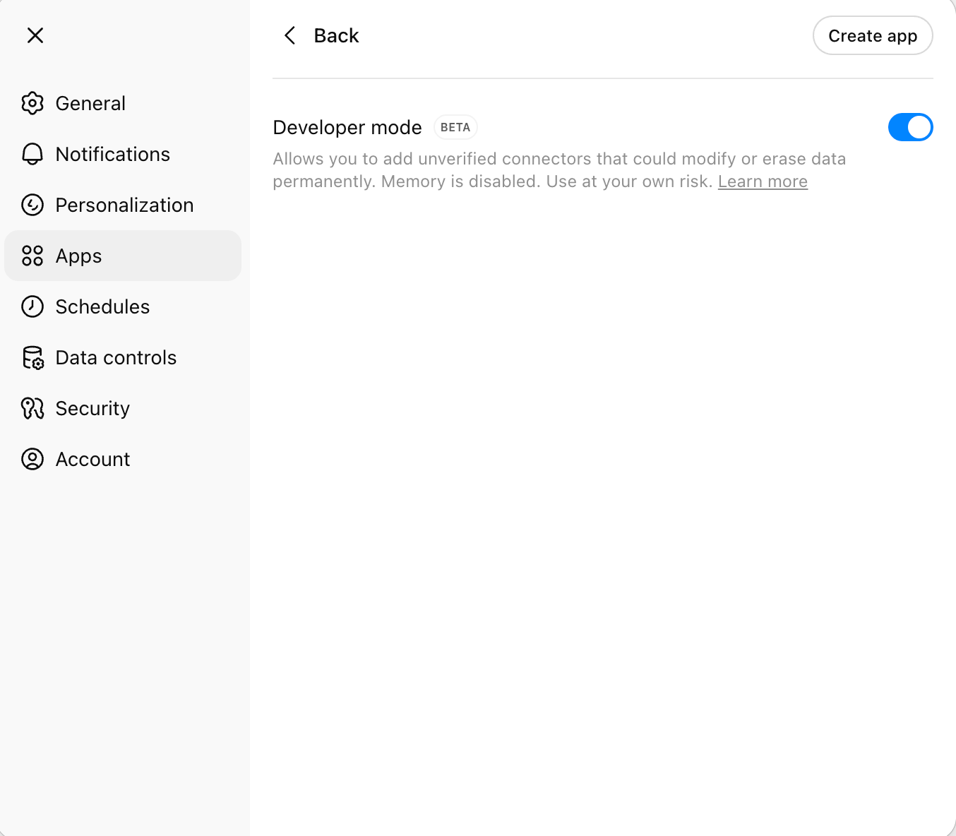 Developer mode toggle in ChatGPT settings