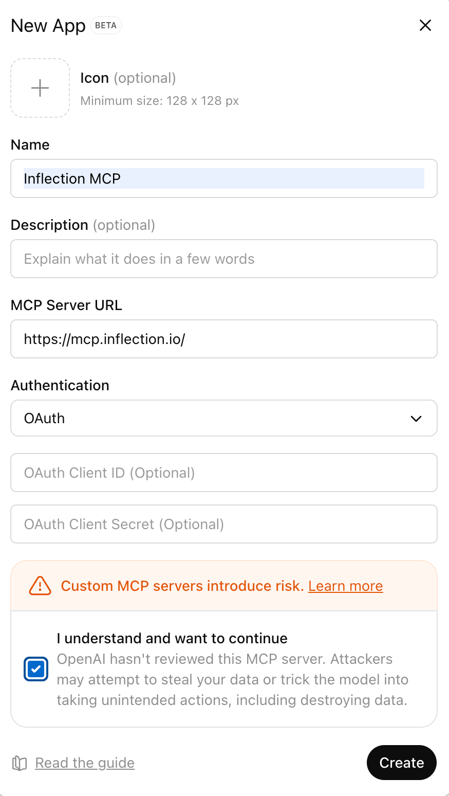 Create app dialog with name, description, MCP server URL, and OAuth authentication fields