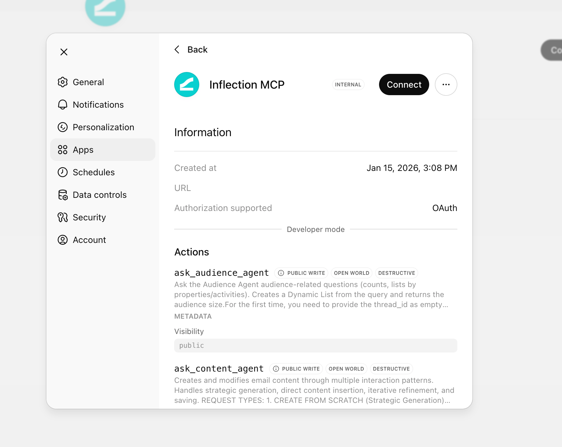 Inflection MCP server listed in ChatGPT connectors