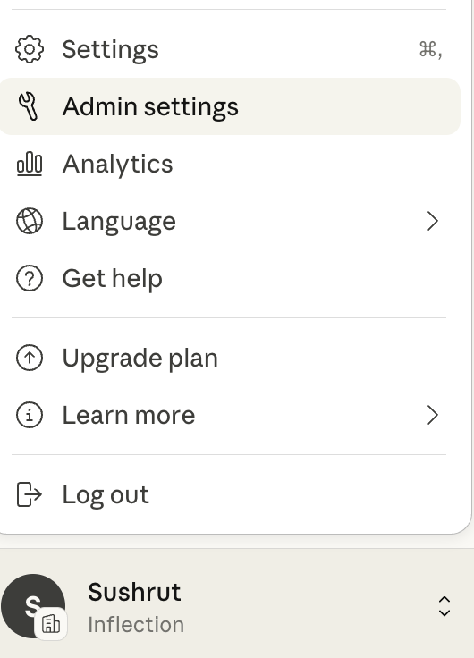 Admin settings menu item in Claude