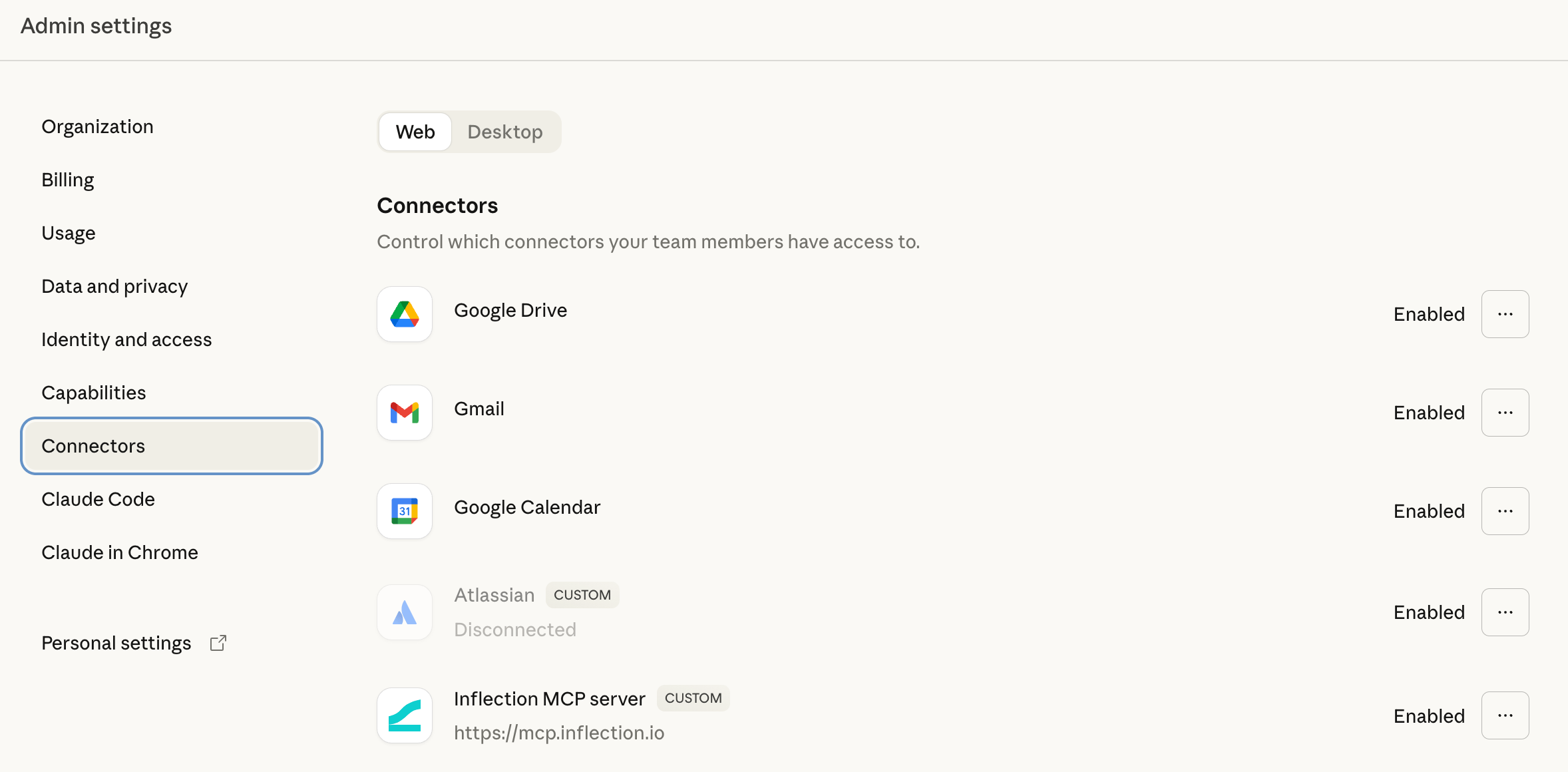 Connectors item in the Claude admin settings sidebar