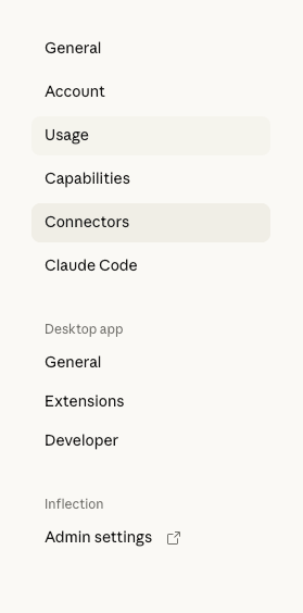 Connectors item in the Claude personal settings sidebar