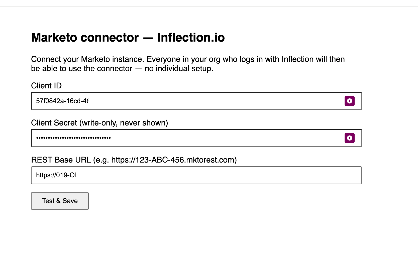 Enter Marketo Client ID, Client Secret, and REST base URL