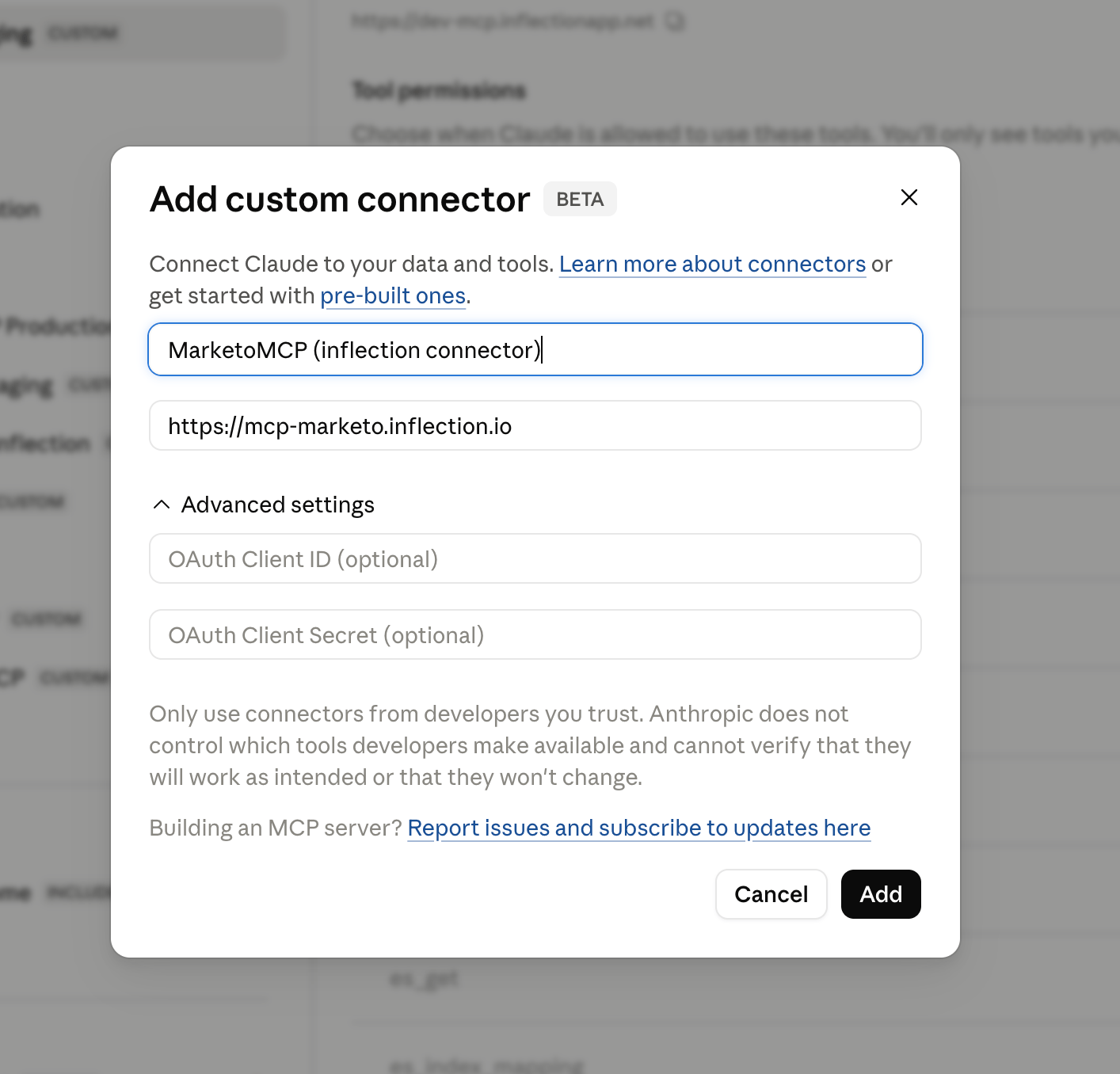 Enter connector name and URL