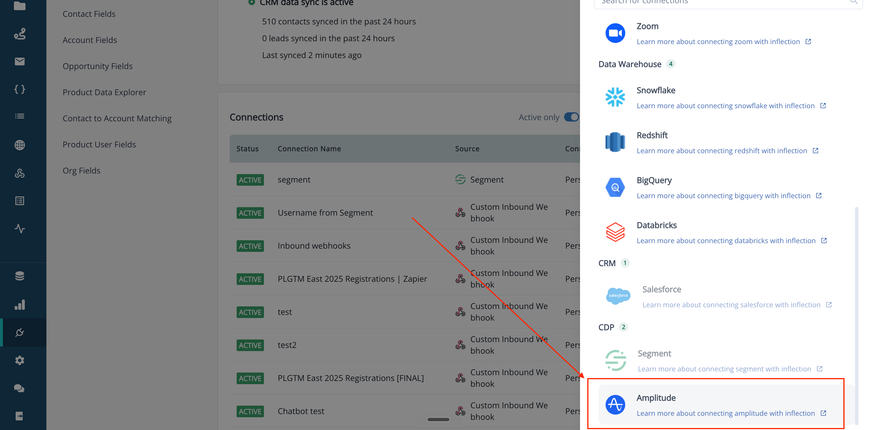 Connections sidebar in Inflection with Amplitude selected