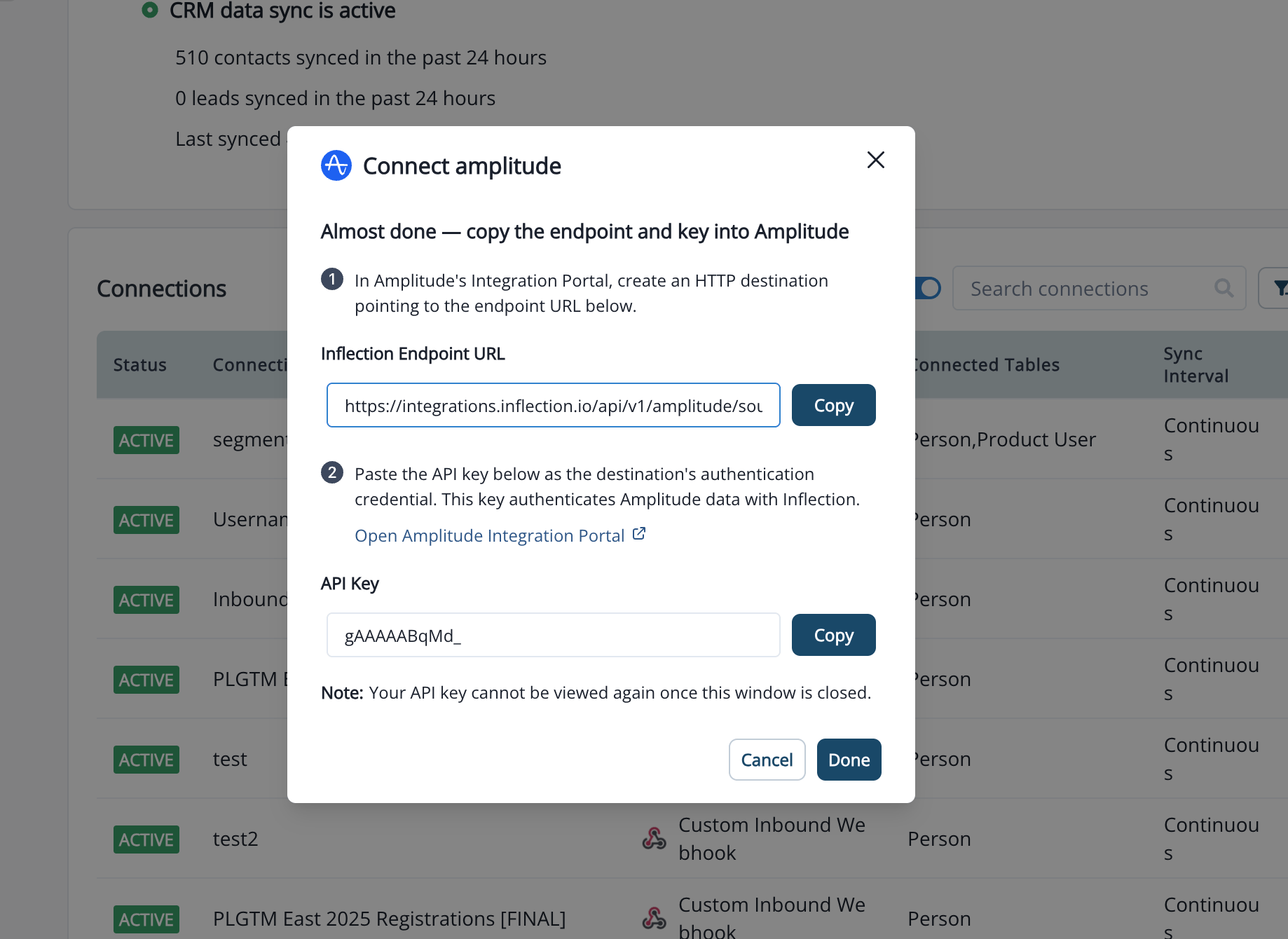 Connect Amplitude modal showing the Inflection endpoint URL and API key